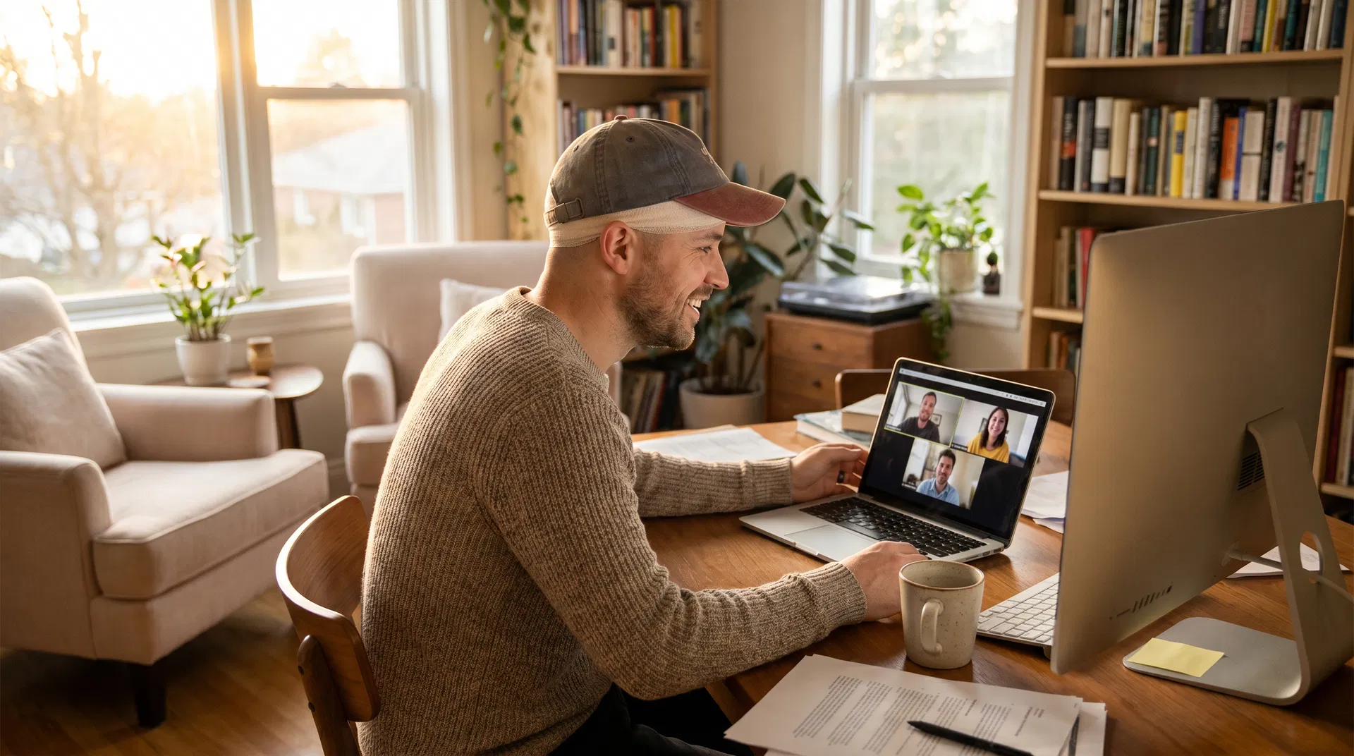 Man working remotely from home office 5 days after hair transplant