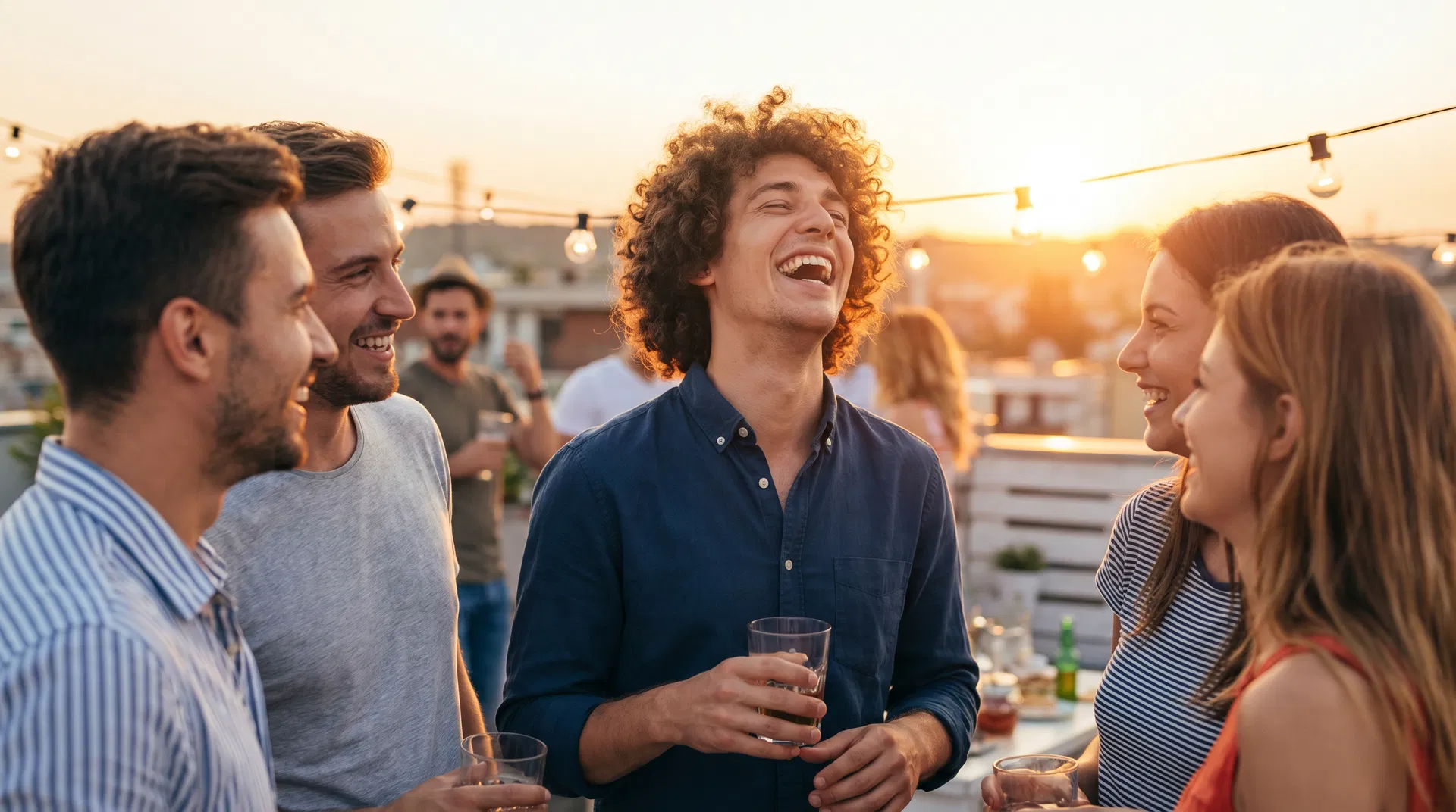 Confident young man with restored hairline laughing with friends at social gathering