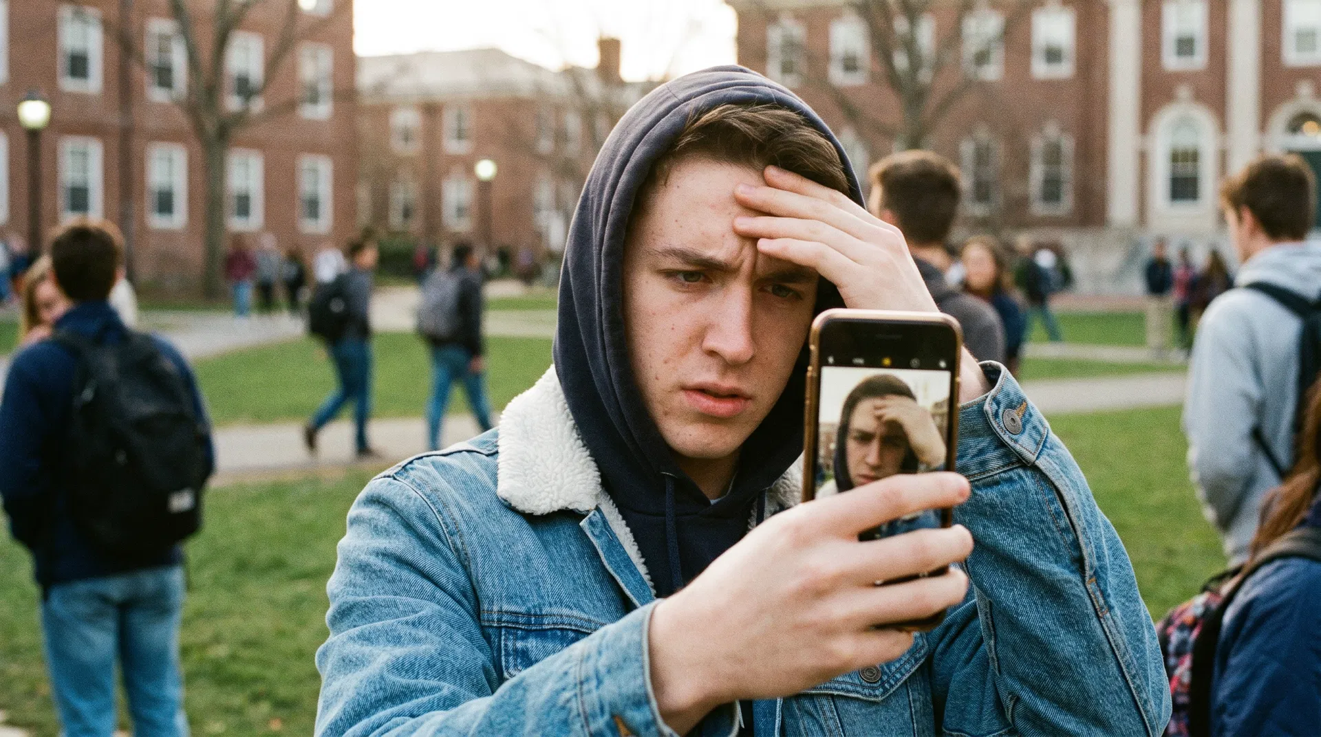 Young man at university campus checking receding hairline on phone camera