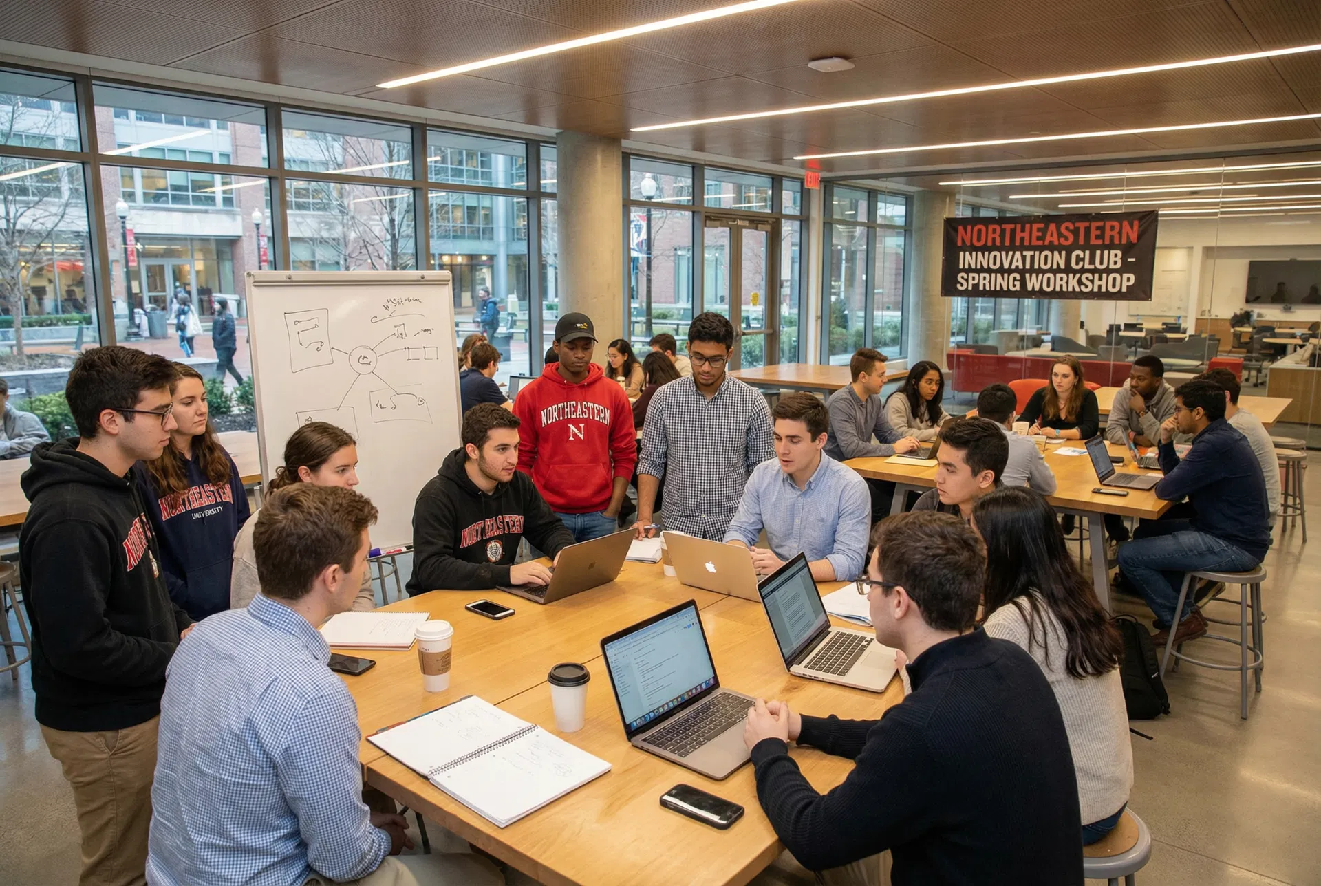 Students collaborating in a club meeting at Northeastern
