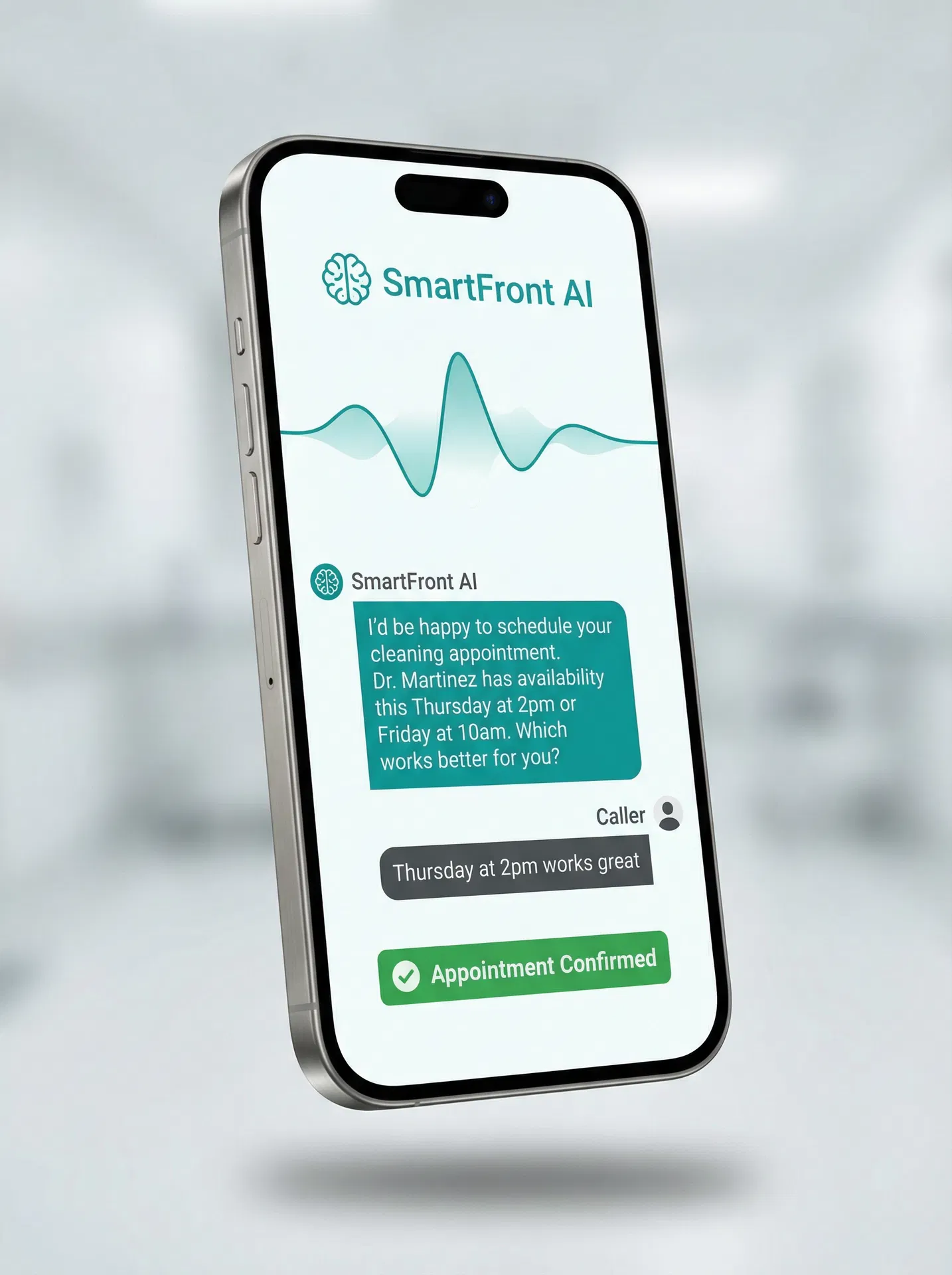 SmartFront AI phone interface showing a live patient conversation