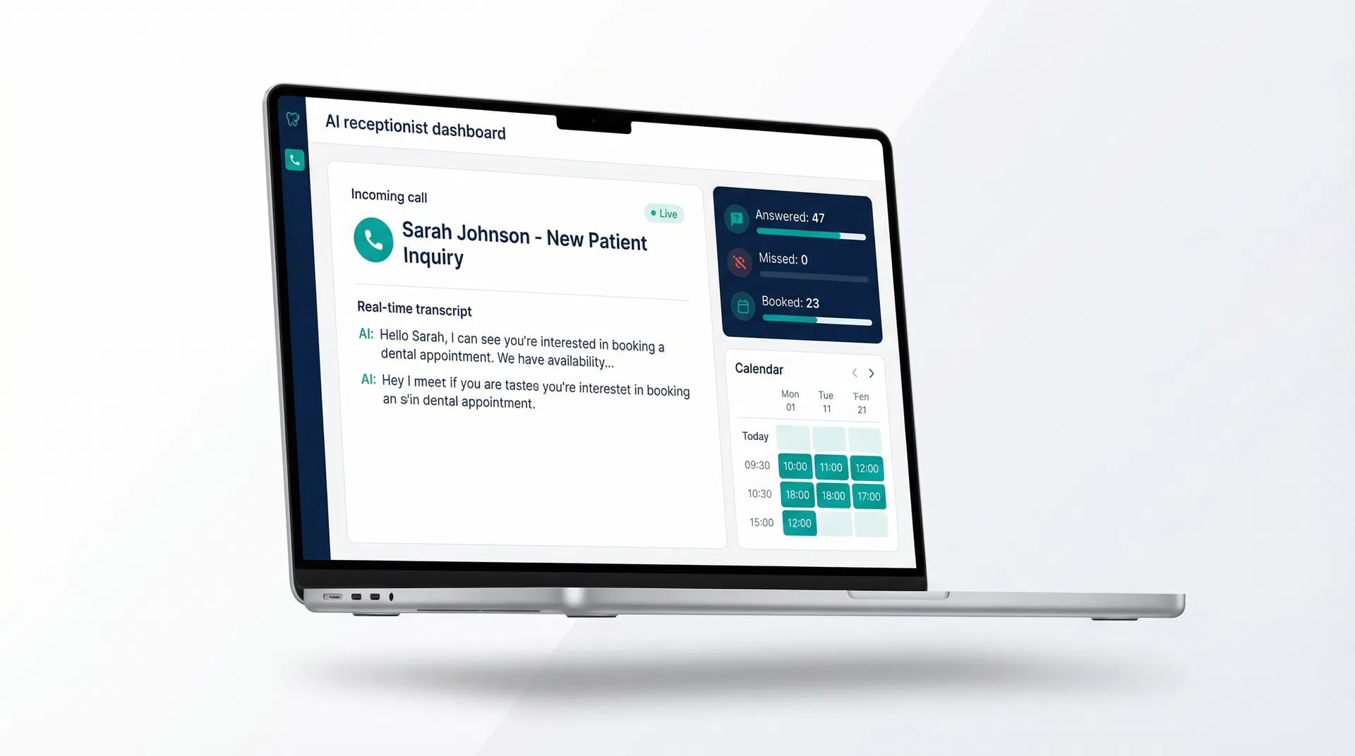 SmartFront AI Dashboard showing incoming call handling and appointment scheduling