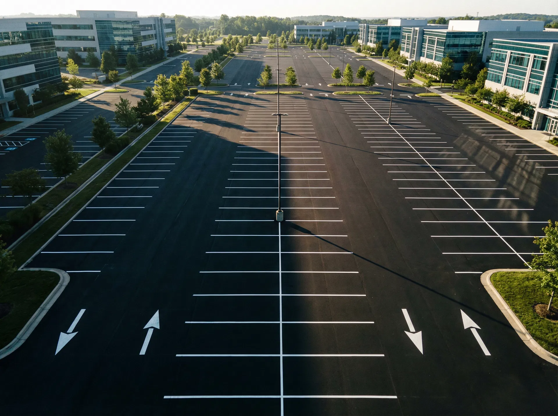 Freshly paved and line-striped commercial parking lot aerial view