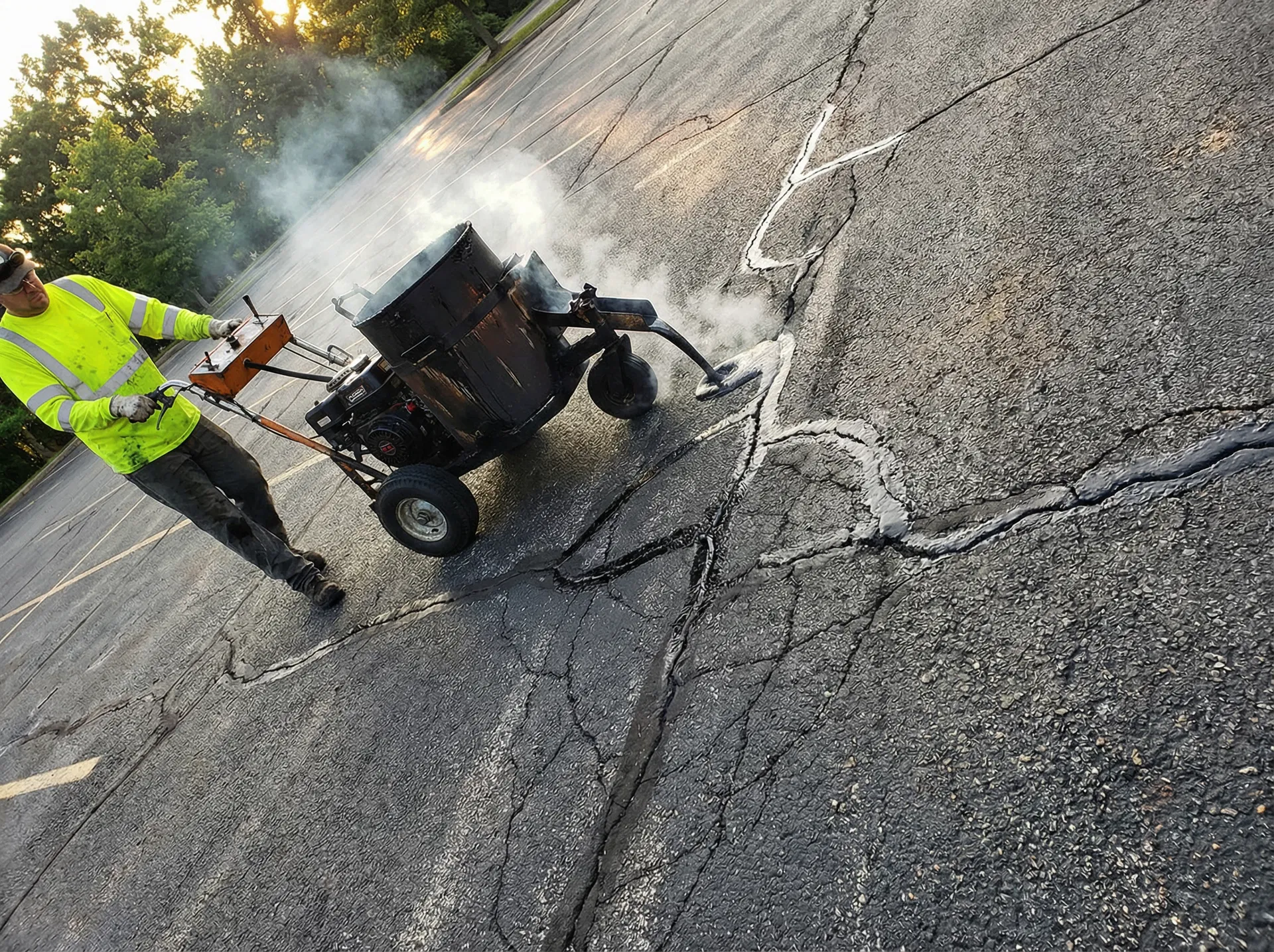Crack sealing machine on asphalt parking lot