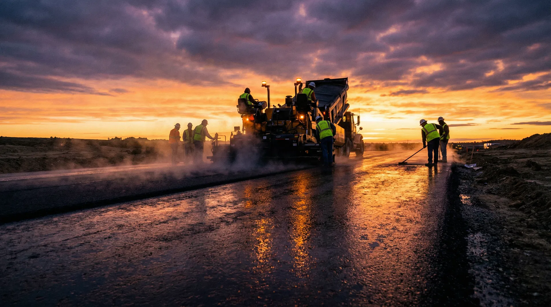 Professional asphalt paving crew at work at dusk