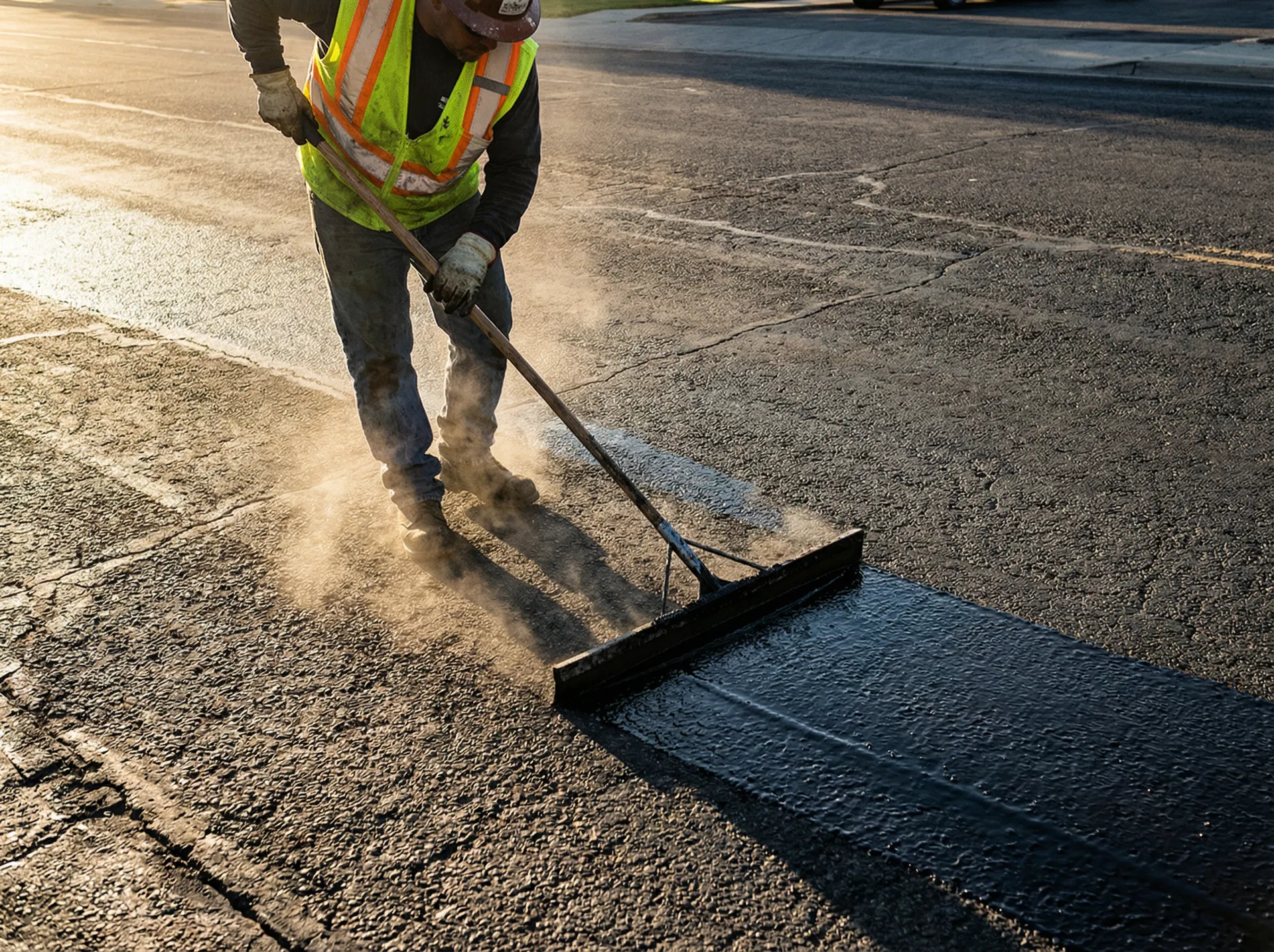 Worker applying sealcoating to asphalt surface