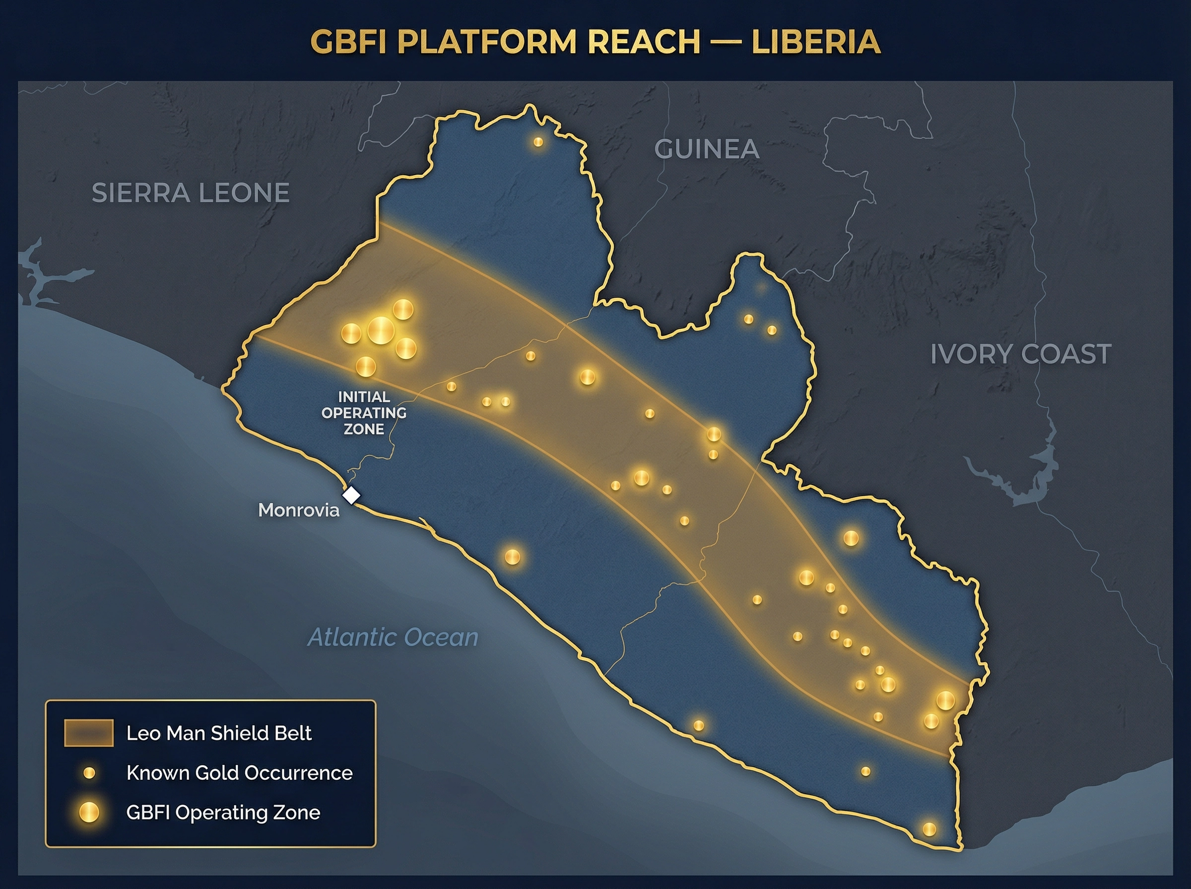 GBFI Platform Reach map — Liberia gold occurrences and Leo Man Shield belt