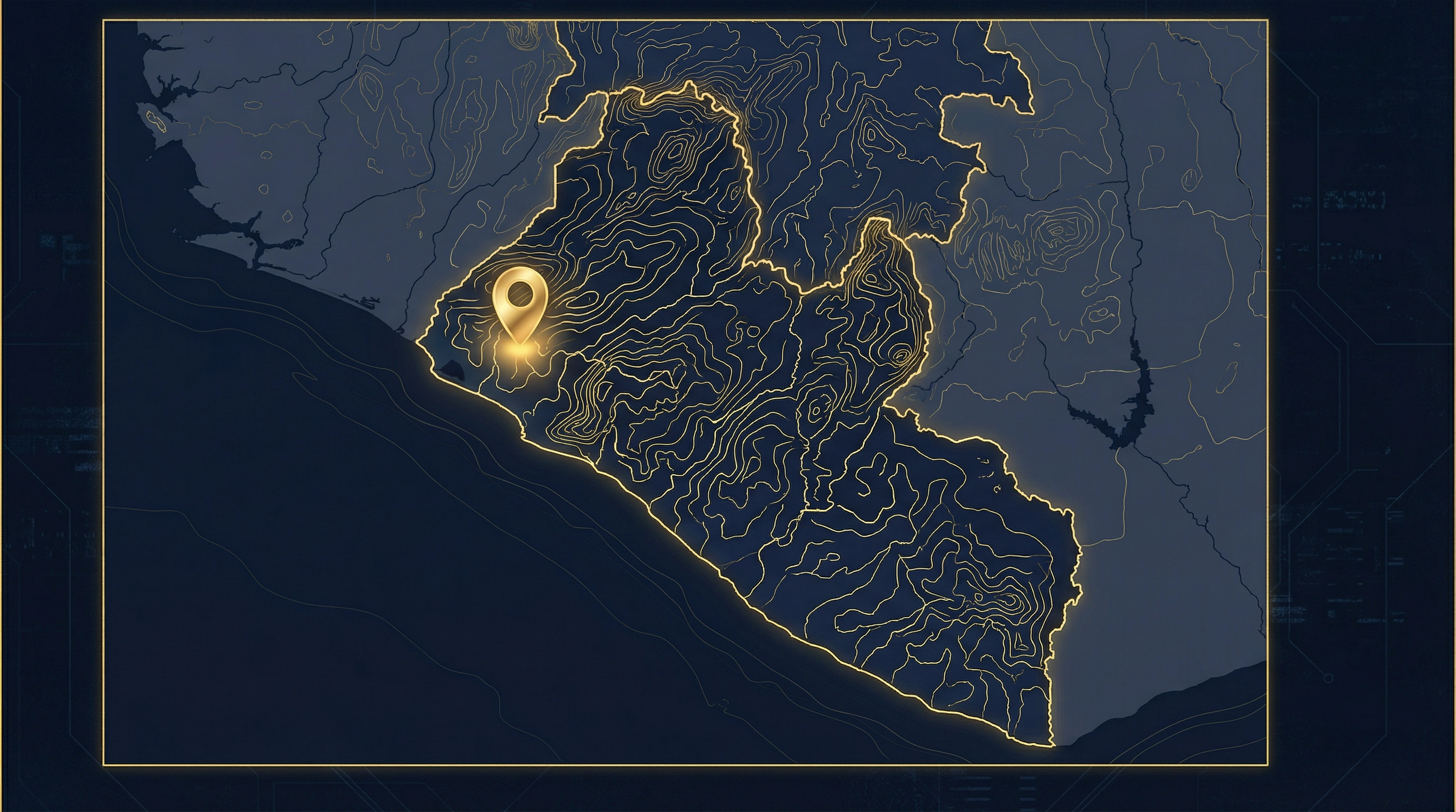 Liberia topographic map showing GBFI's nationwide operational reach