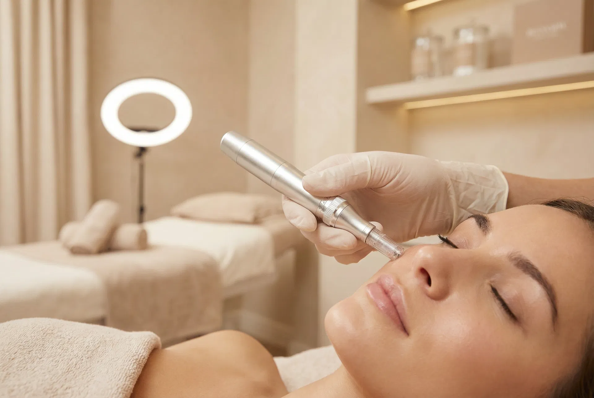 Microneedling Behandlung im Kosmetikstudio, eine Hand führt den Dermapen sanft über die Wange einer Kundin mit geschlossenen 