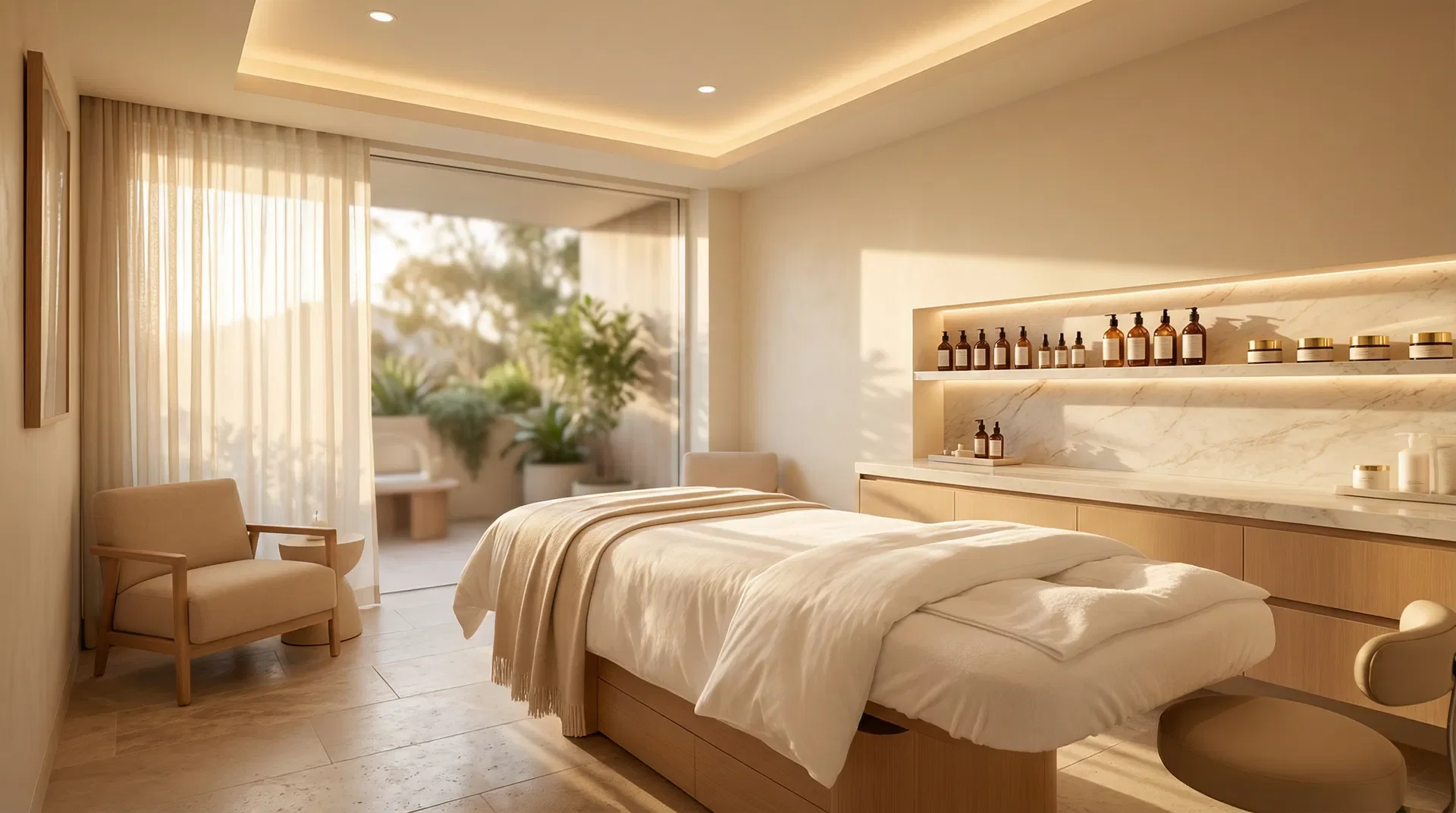 Heller, luxuriöser Behandlungsraum mit Liege und Kosmetikprodukten, ideal für eine BB Glow Schulungsumgebung