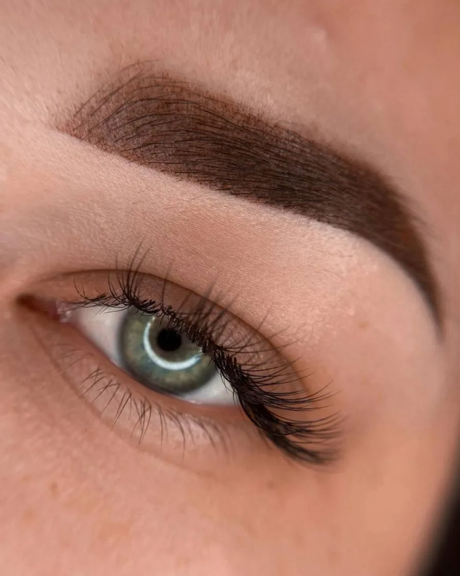 Nahaufnahme eines Auges mit perfekt geformten Powder Brows und langen Wimpern, ein Ergebnis der PMU-Schulung.