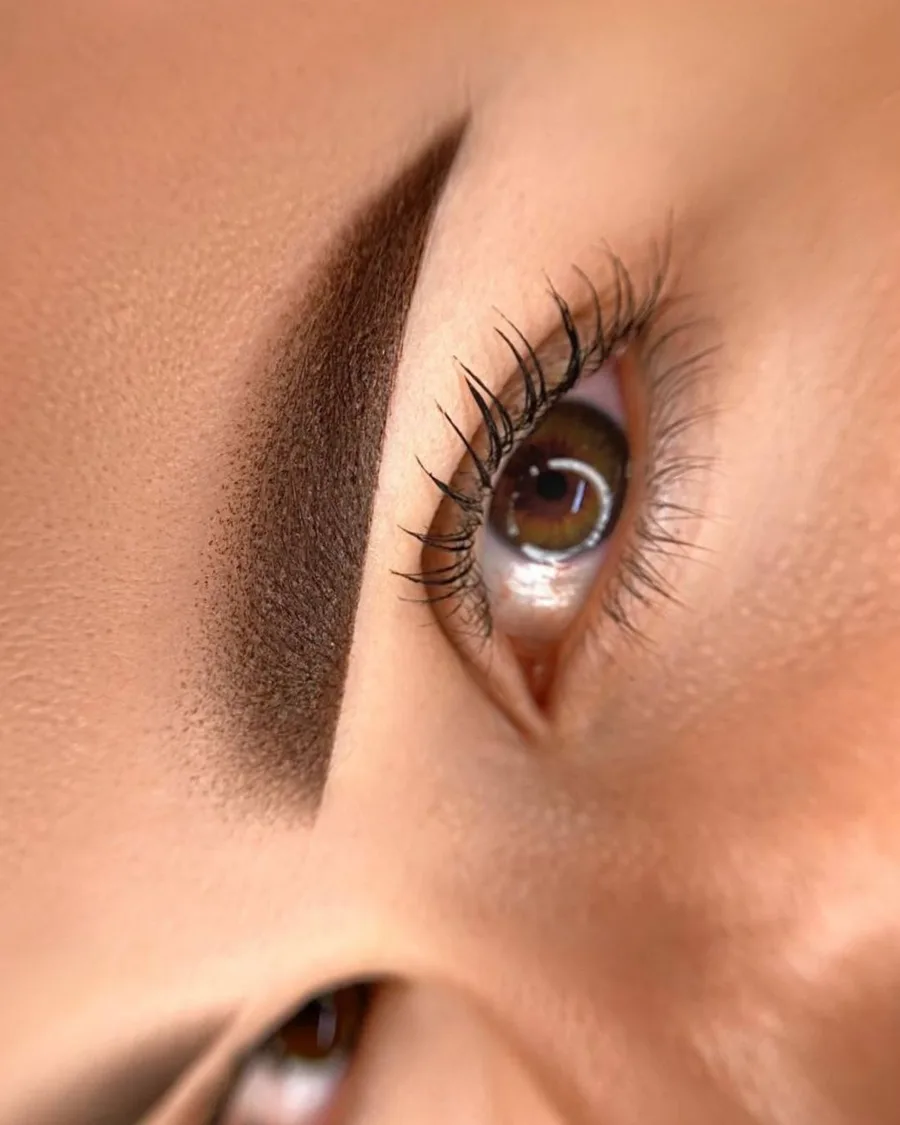 Nahaufnahme einer perfekt pigmentierten Ombré Brows Augenbraue und Wimpern, Beispiel einer PMU-Schulung bei Maryélle Beauty