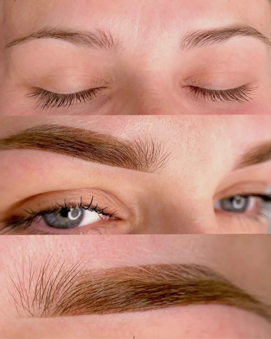 Vorher-Nachher-Vergleich von Augenbrauen nach einer PMU-Behandlung, zeigt präzise definierte und natürlich wirkende Brows nac
