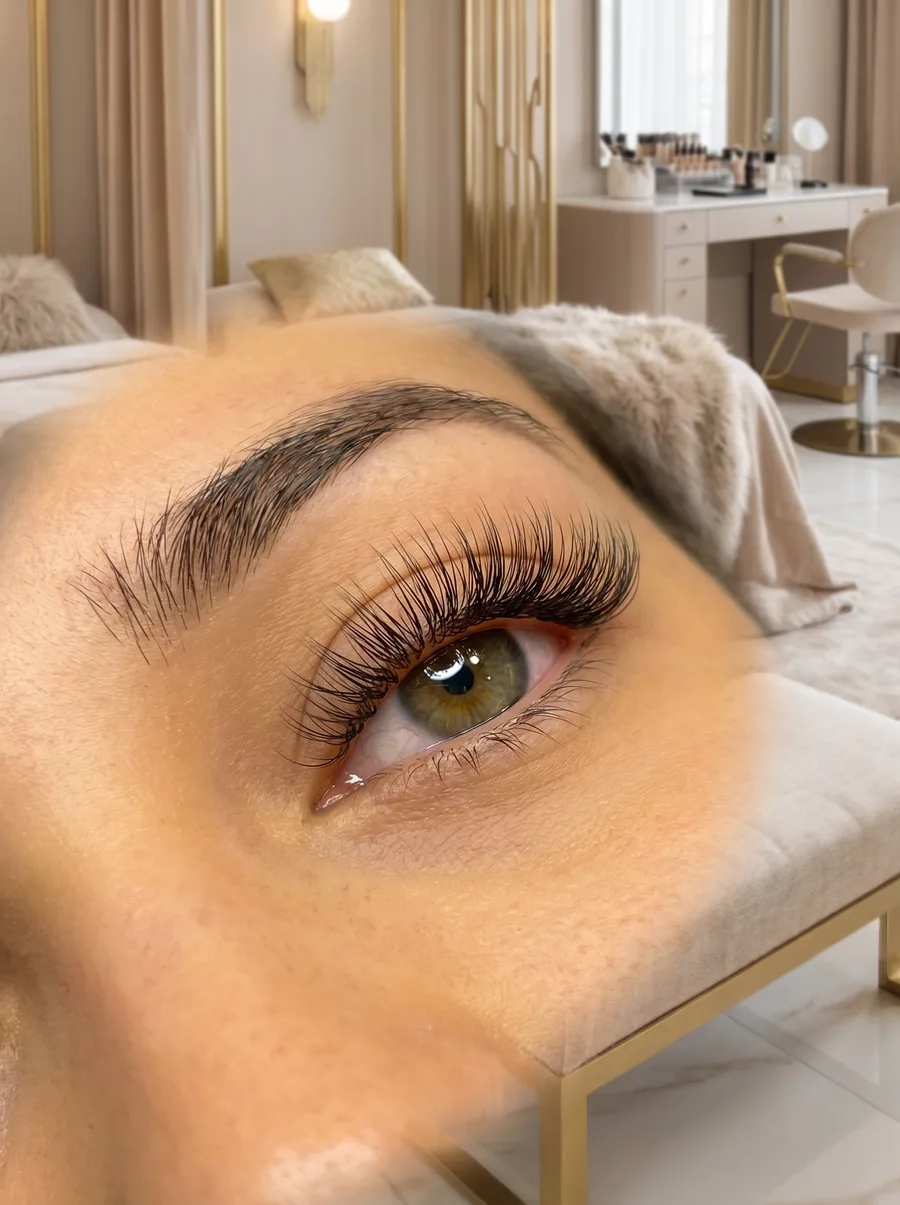 Nahaufnahme eines Auges mit voluminösen Wimpernverlängerungen, perfekt für die Wimpern Grundausbildung bei Maryélle.