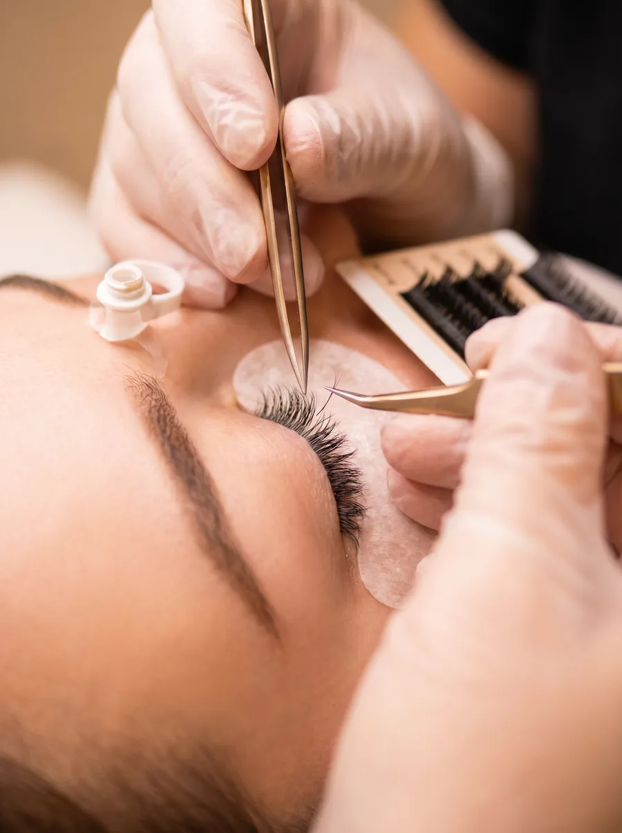 Nahaufnahme einer Wimpernverlängerung mit Pinzetten und künstlichen Wimpern, perfekt für die Wimpern Grundausbildung.