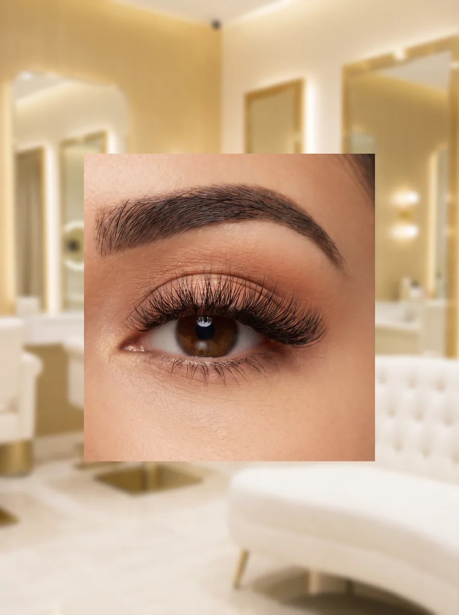 Nahaufnahme eines braunen Auges mit voluminösen Wimpernverlängerungen, perfekt für die Wimpern Grundausbildung