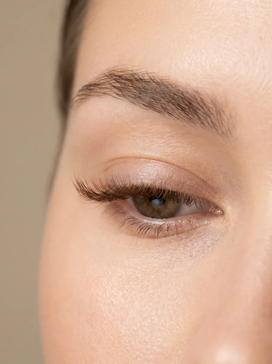 Nahaufnahme eines Auges mit langen, voluminösen Wimpern nach einer Behandlung – ideal für die Wimpern Grundausbildung.