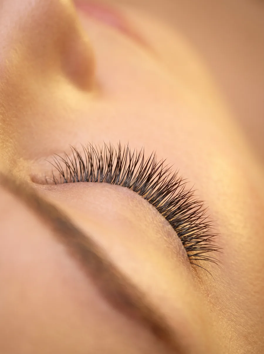 Nahaufnahme einer geschlossenen Wimpernreihe mit perfekt applizierten Extensions, die Dichte und Länge zeigen, relevant für W
