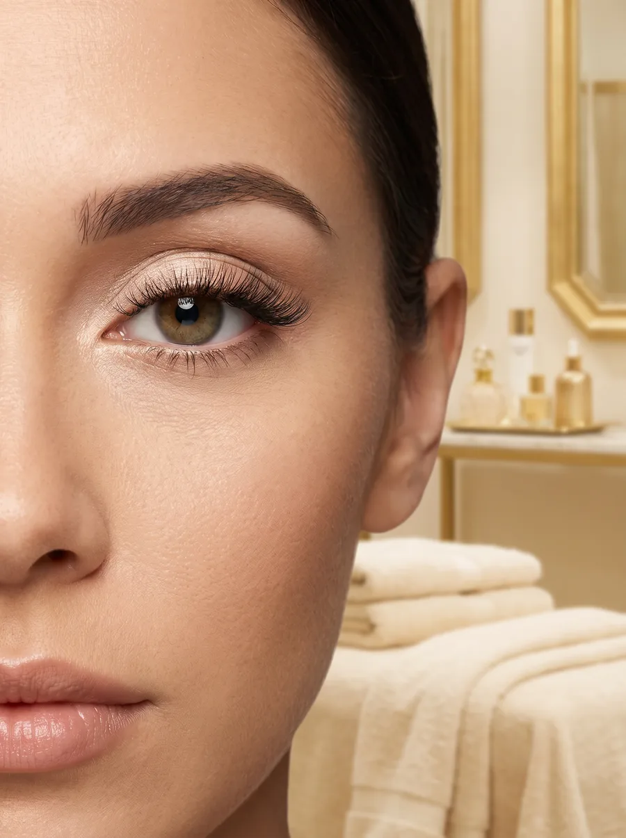 Nahaufnahme eines weiblichen Auges mit perfekten, voluminösen Wimpern nach einer Behandlung, relevant für Wimpern Grundausbil