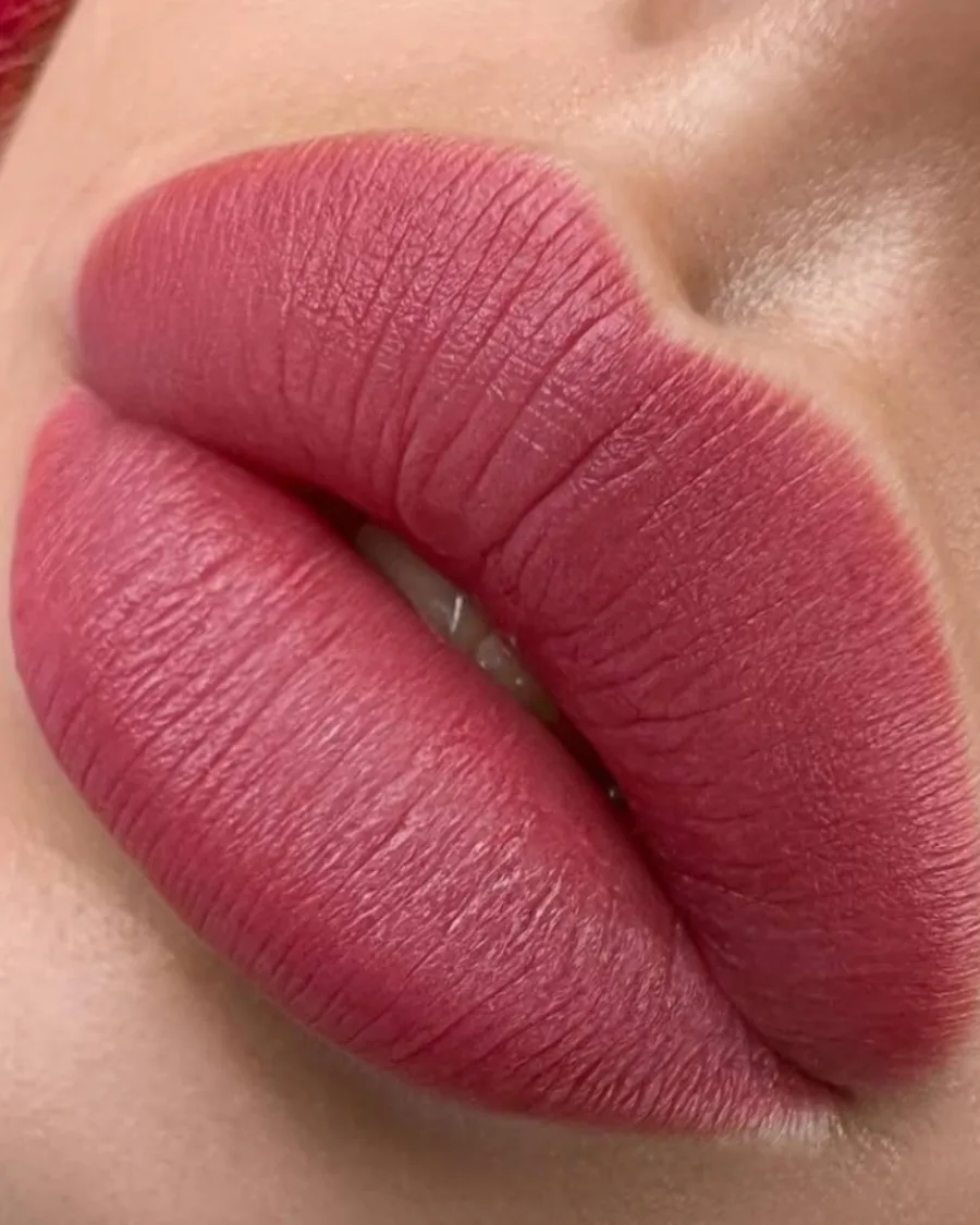 Nahaufnahme von Aquarell Lips PMU-Ergebnis, natürlich aussehende Lippen in Nude-Ton, perfekt für PMU-Schulung
