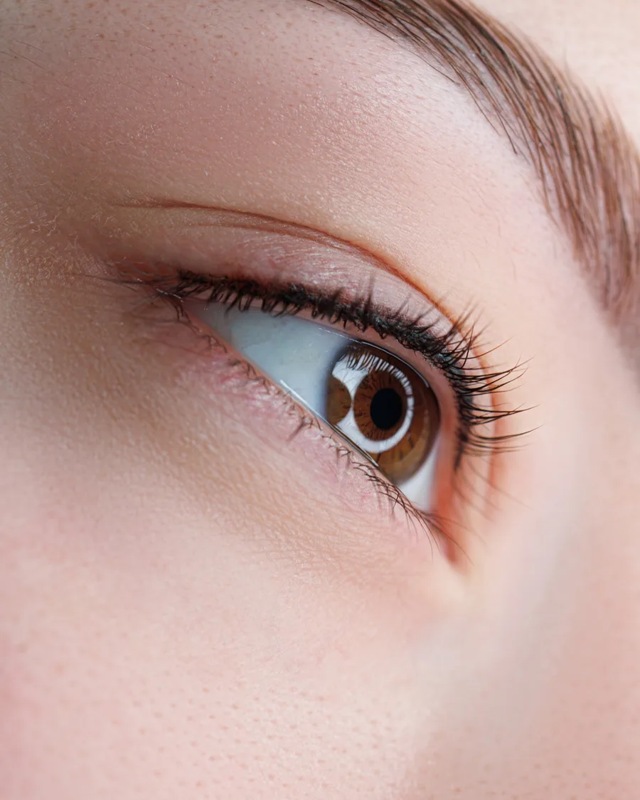 Nahaufnahme eines Auges mit perfekt pigmentierter Wimpernkranzverdichtung, ein Ergebnis der PMU-Schulung bei Maryélle Beauty 