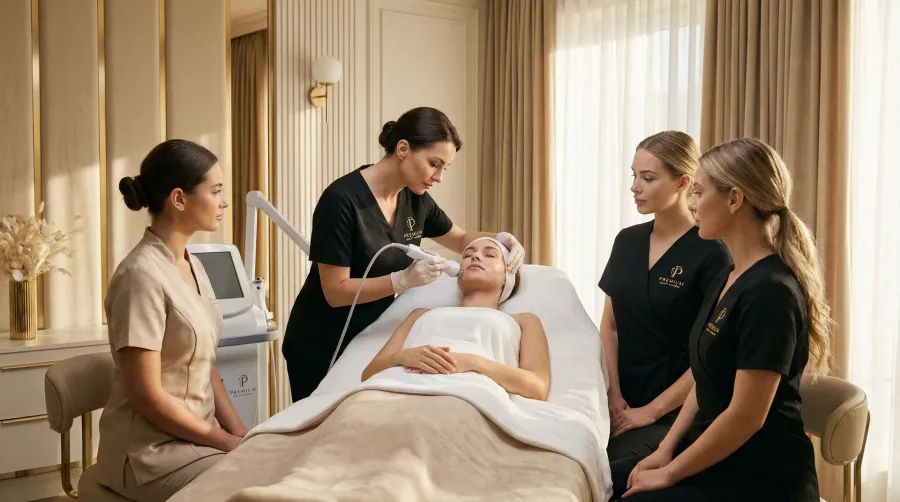 Kosmetikerin führt eine Gesichtsbehandlung an einer Kundin durch, umgeben von zwei weiteren Frauen bei einer Microblading Sch