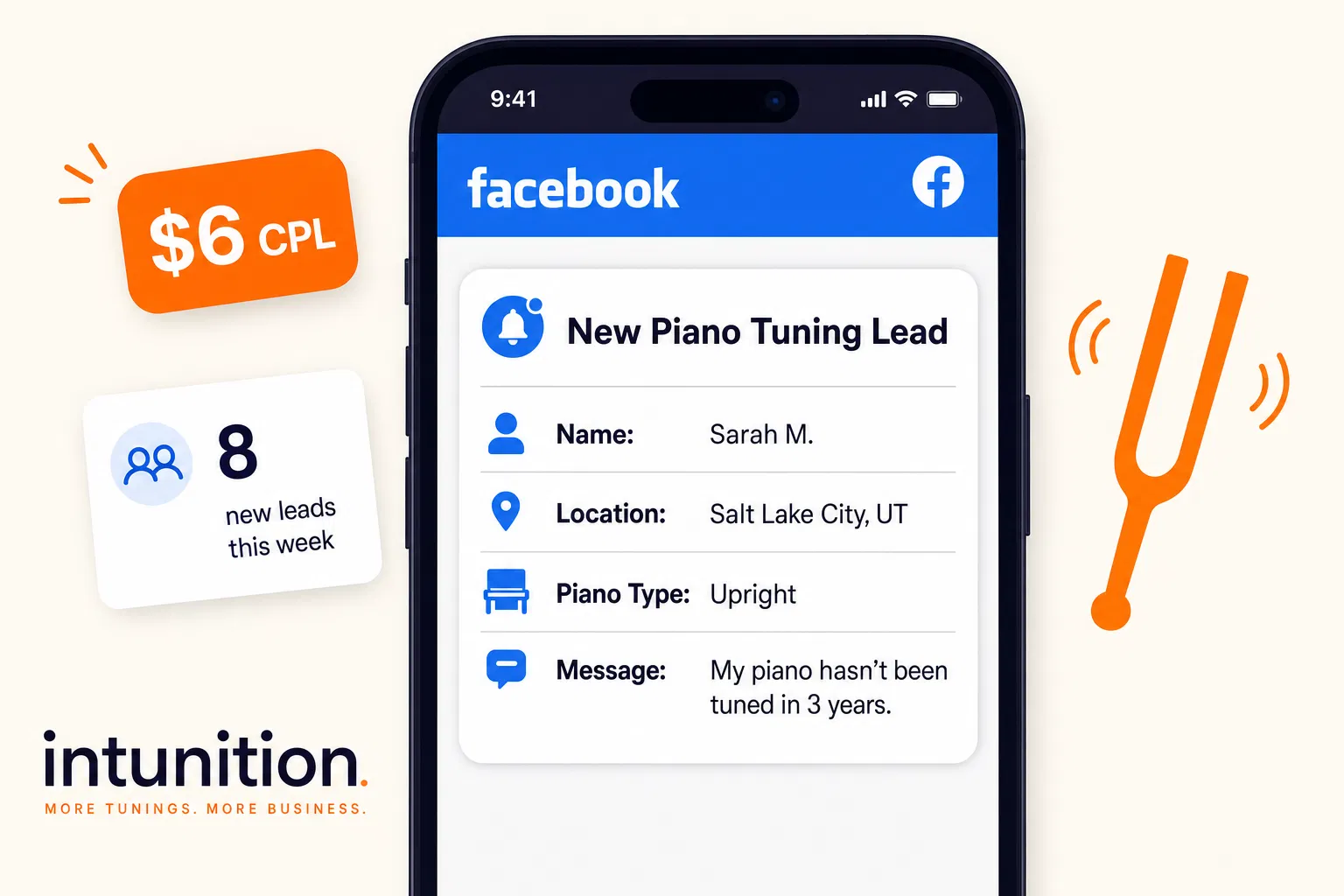 Intunition piano-tuning lead-generation dashboard illustration