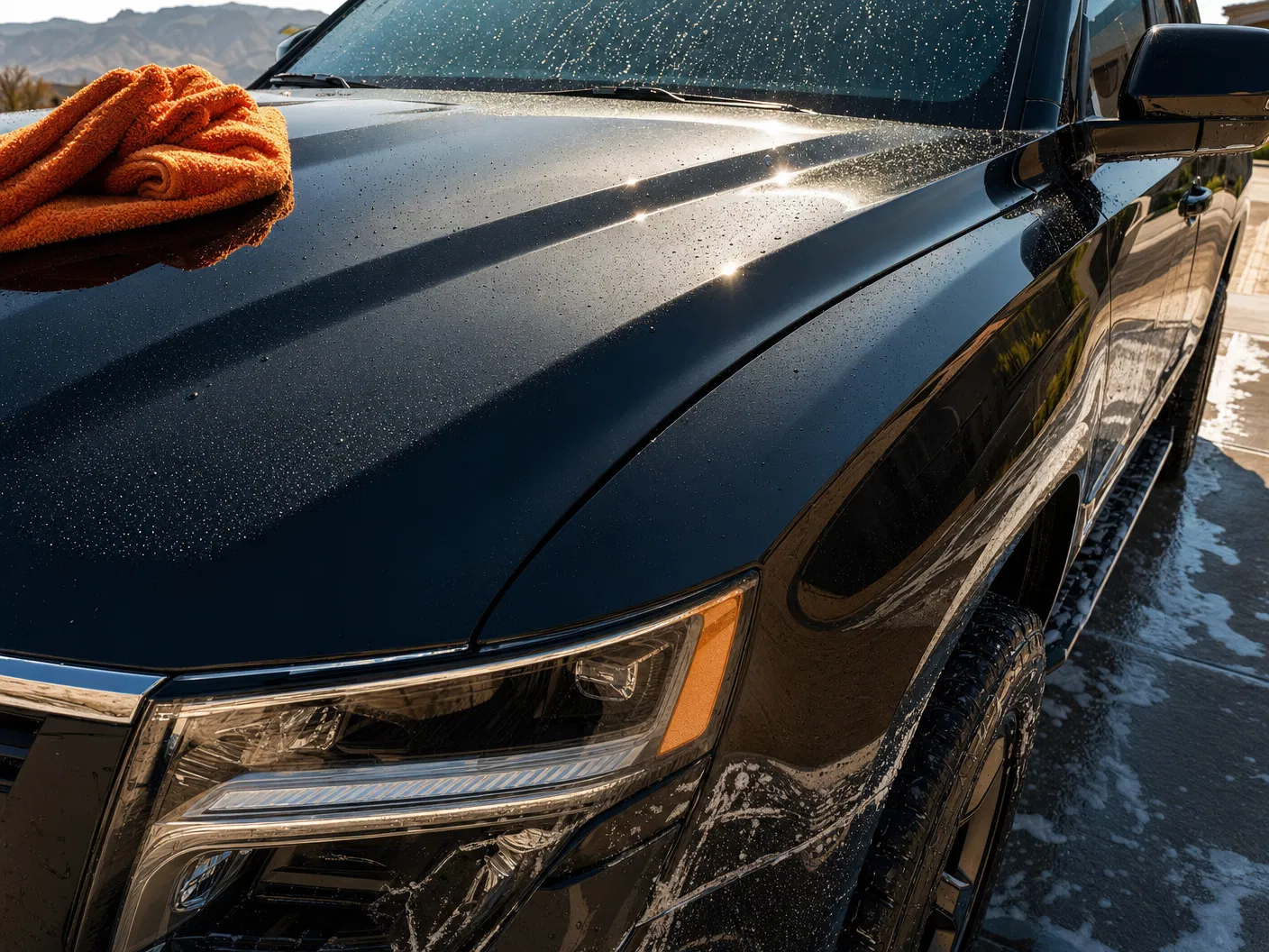 Freshly detailed vehicle exterior with water beads