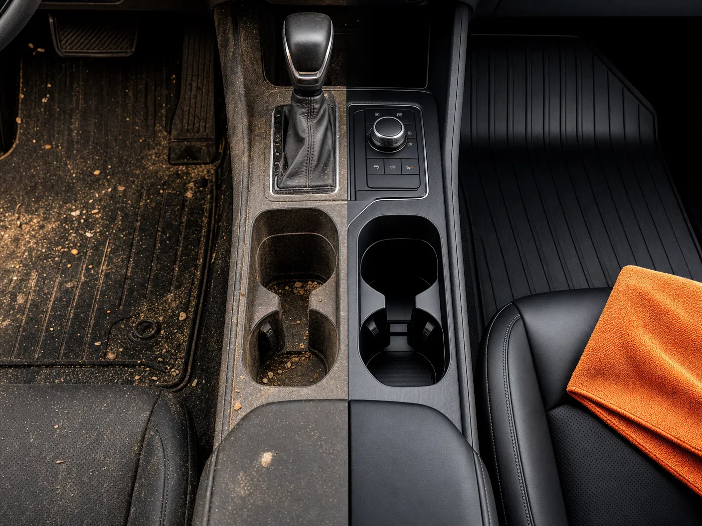 Before and after automotive interior detailing