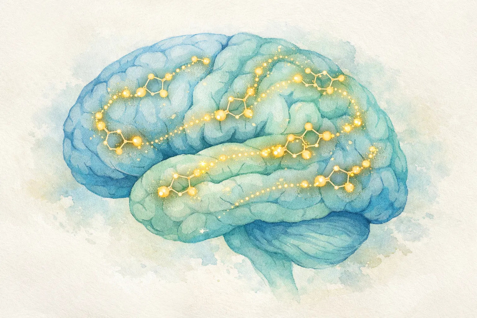 Brain with dopamine molecules