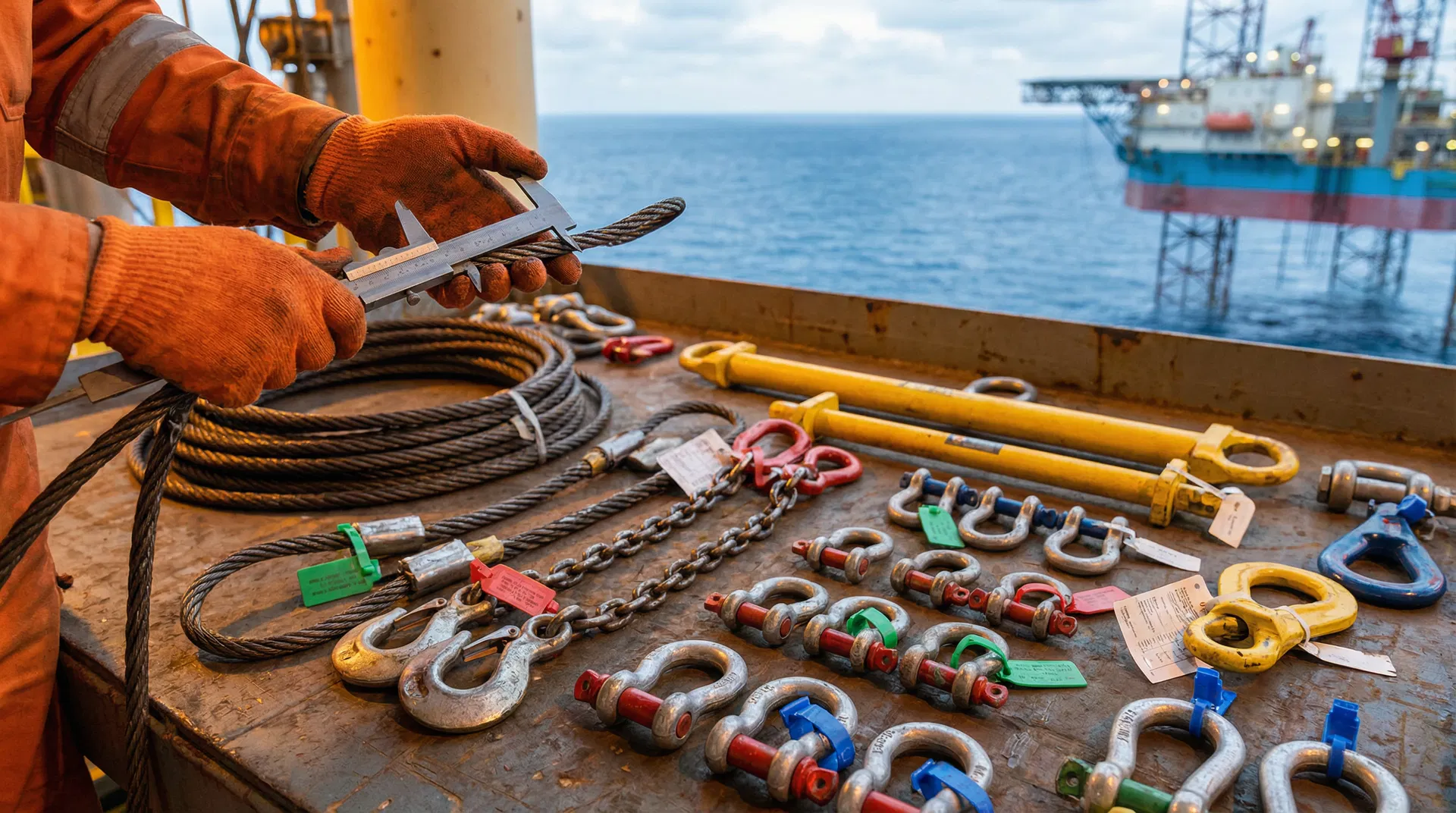 Pre-lift inspection of rigging equipment on offshore deck