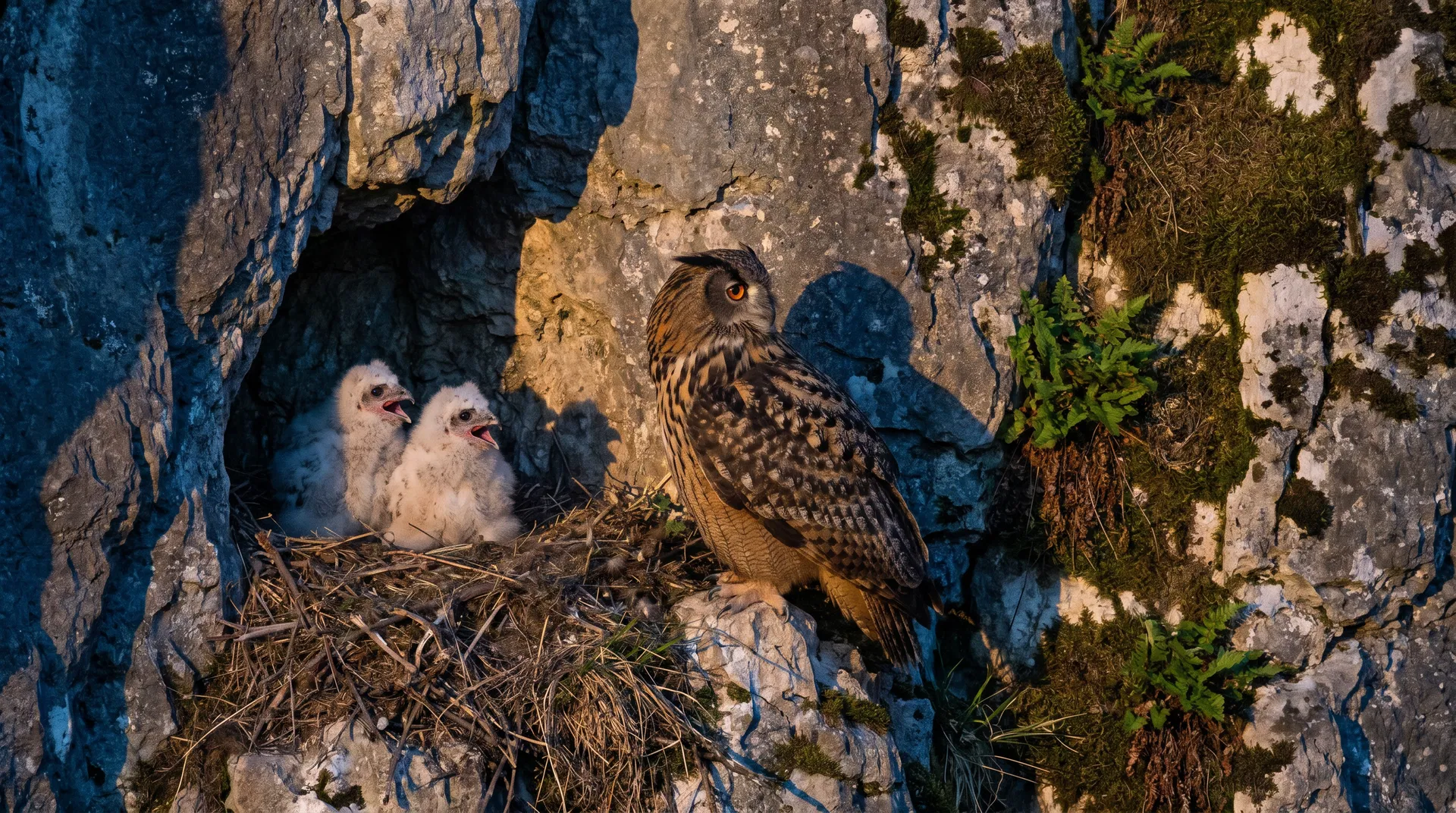 L'Heure Bleue à Couvin : la femelle grand-duc scanne la falaise au crépuscule.