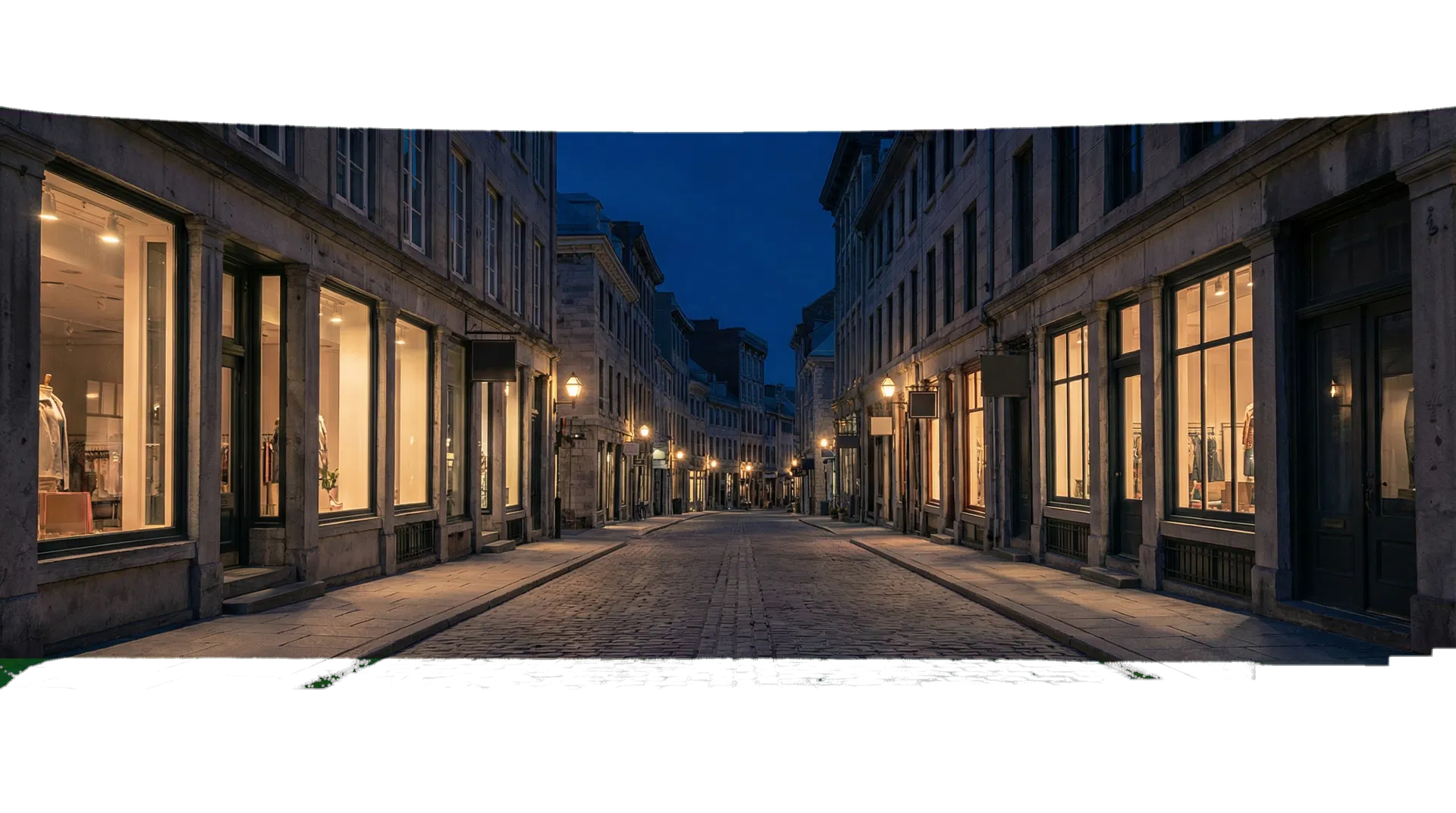 Ambiance urbaine nocturne avec vitrines éclairées