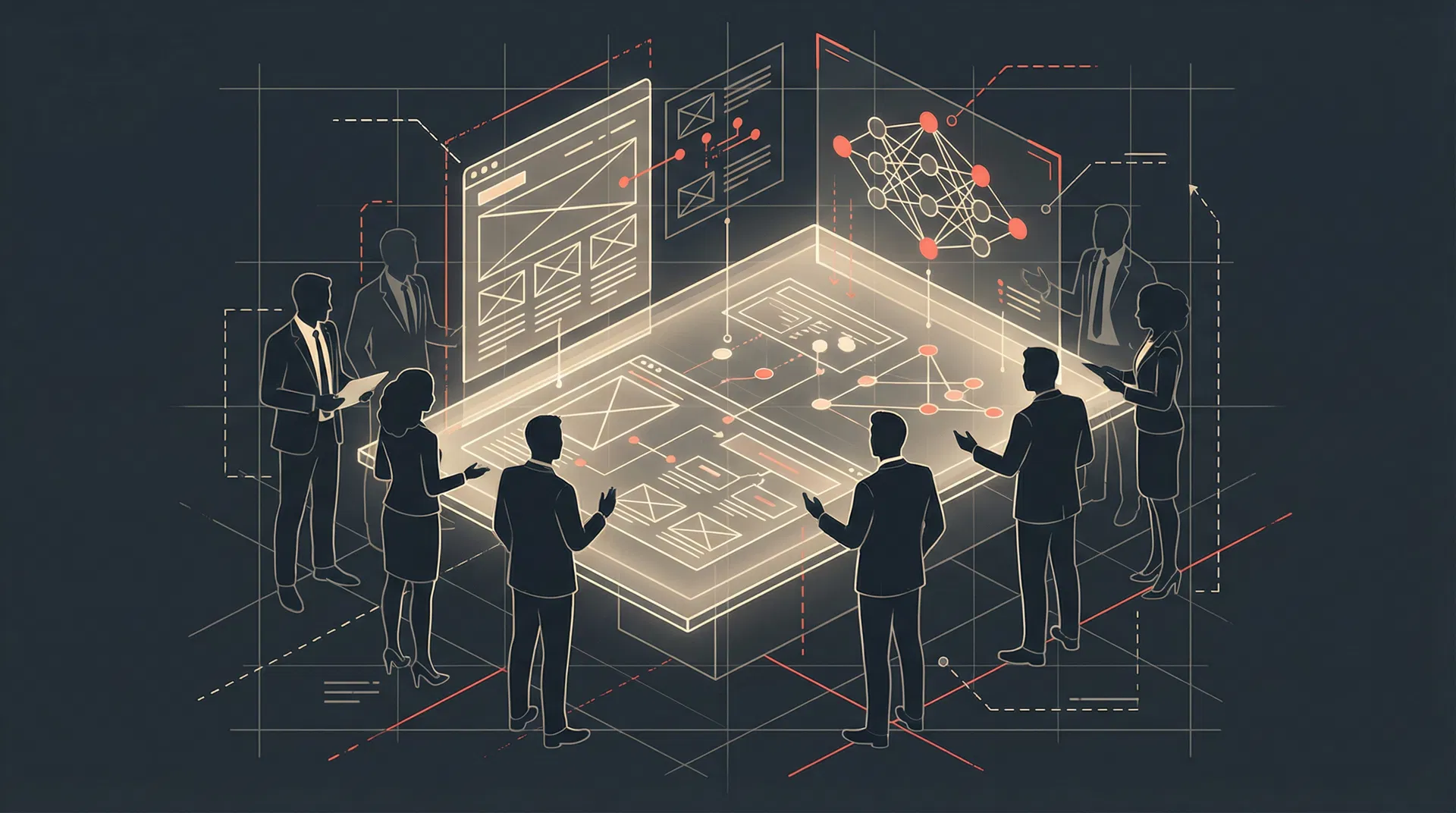 Team collaborating around holographic displays