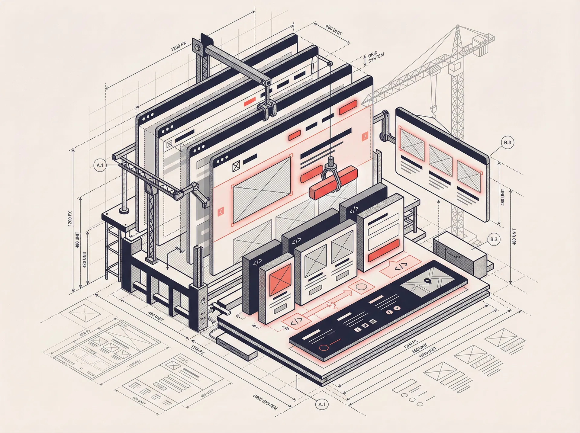 Web development illustration showing website construction
