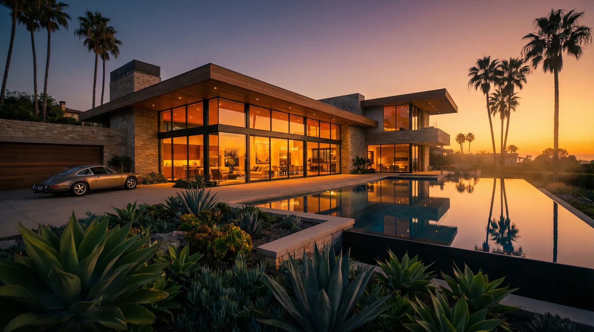 Luxury Southern California mansion at dusk