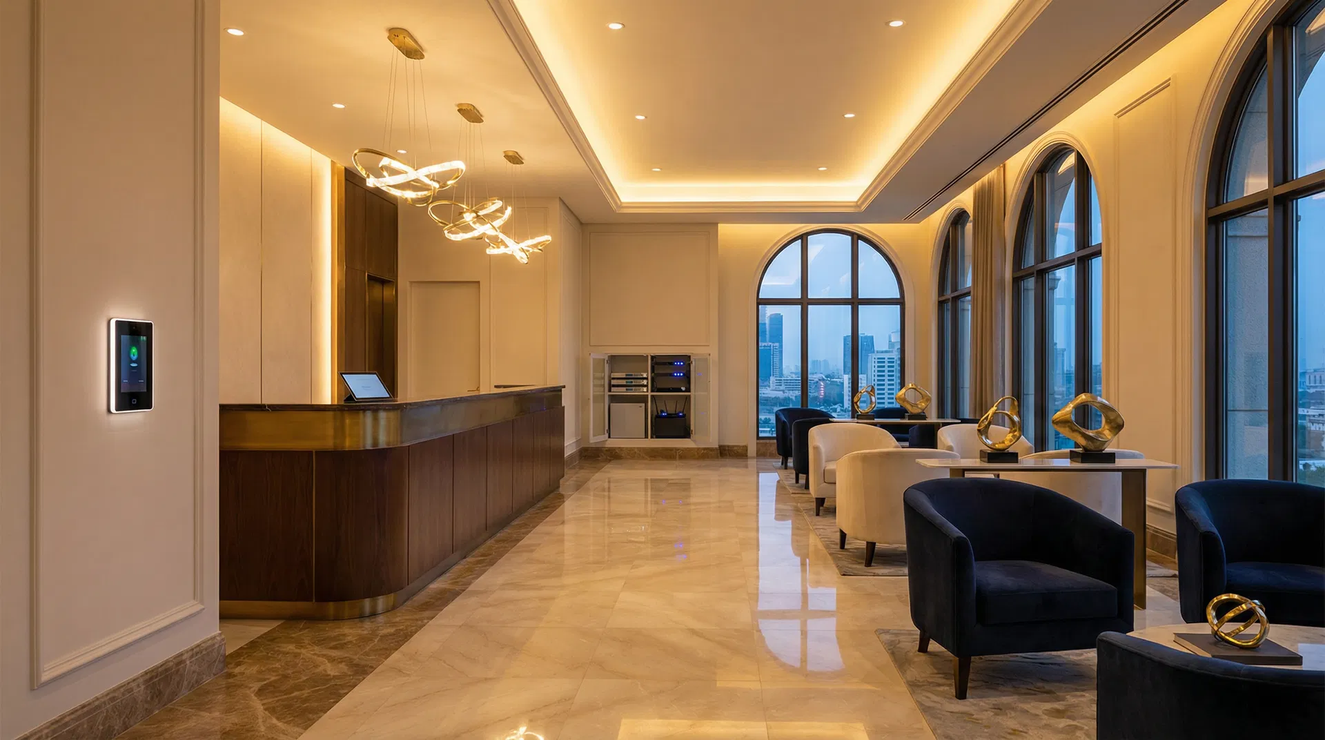 Luxury hotel lobby with integrated technology