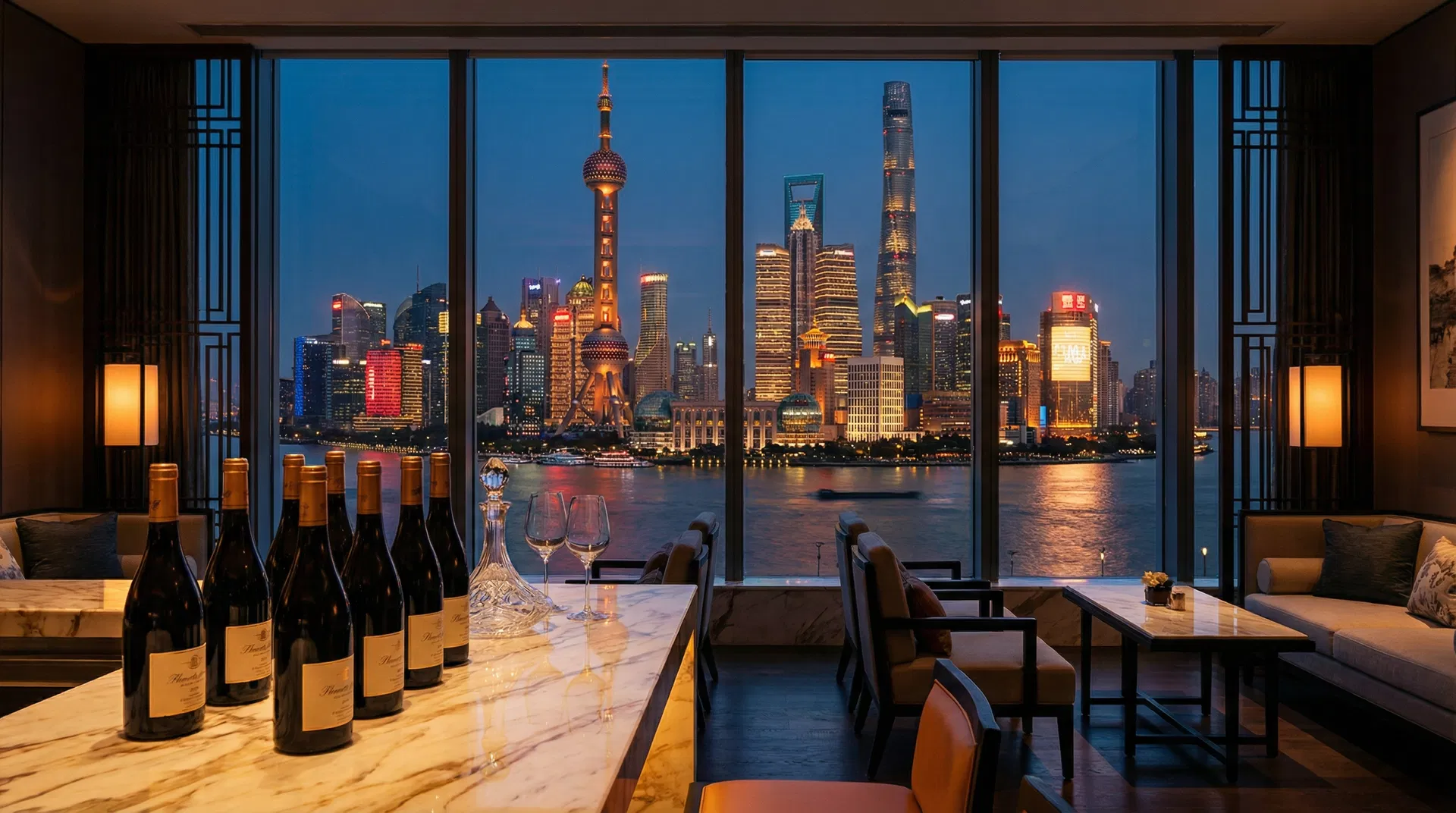 Shanghai skyline with wine