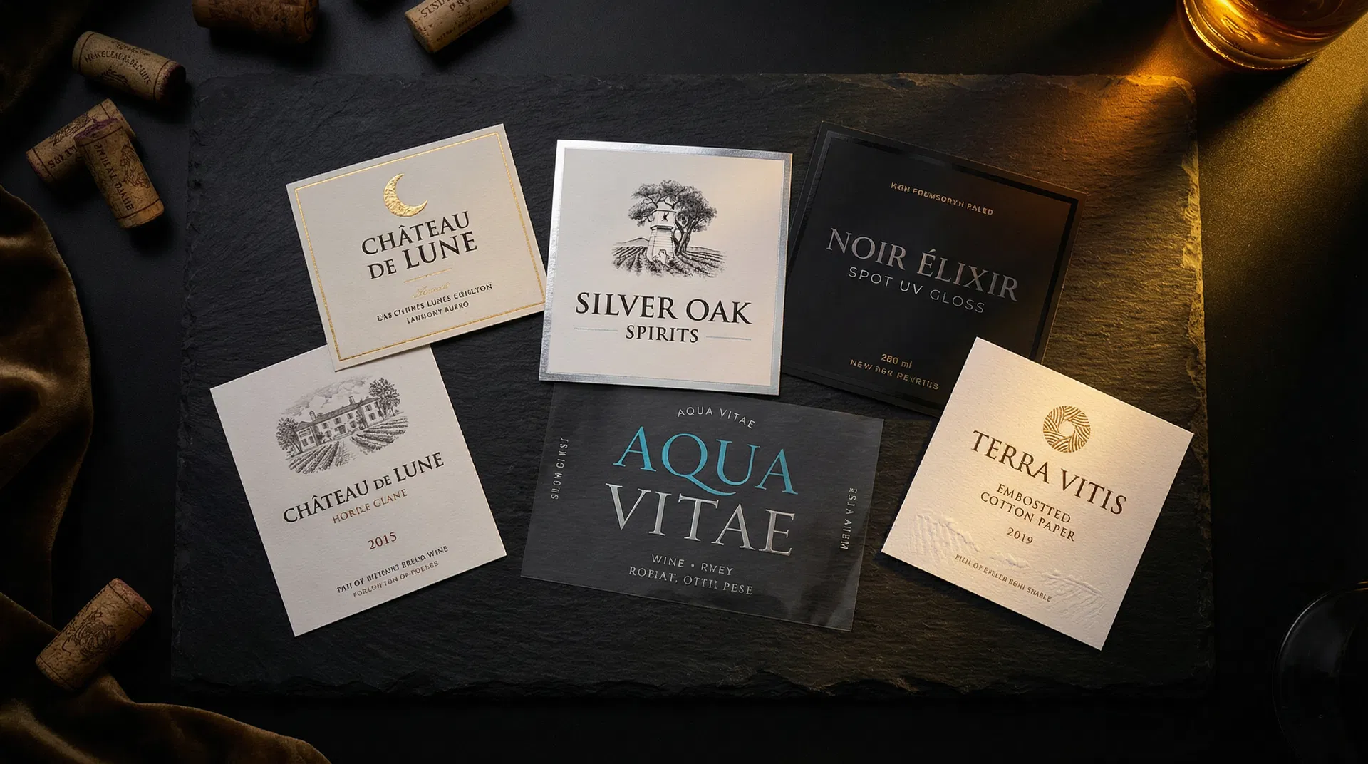 Collection of luxury wine and spirits labels