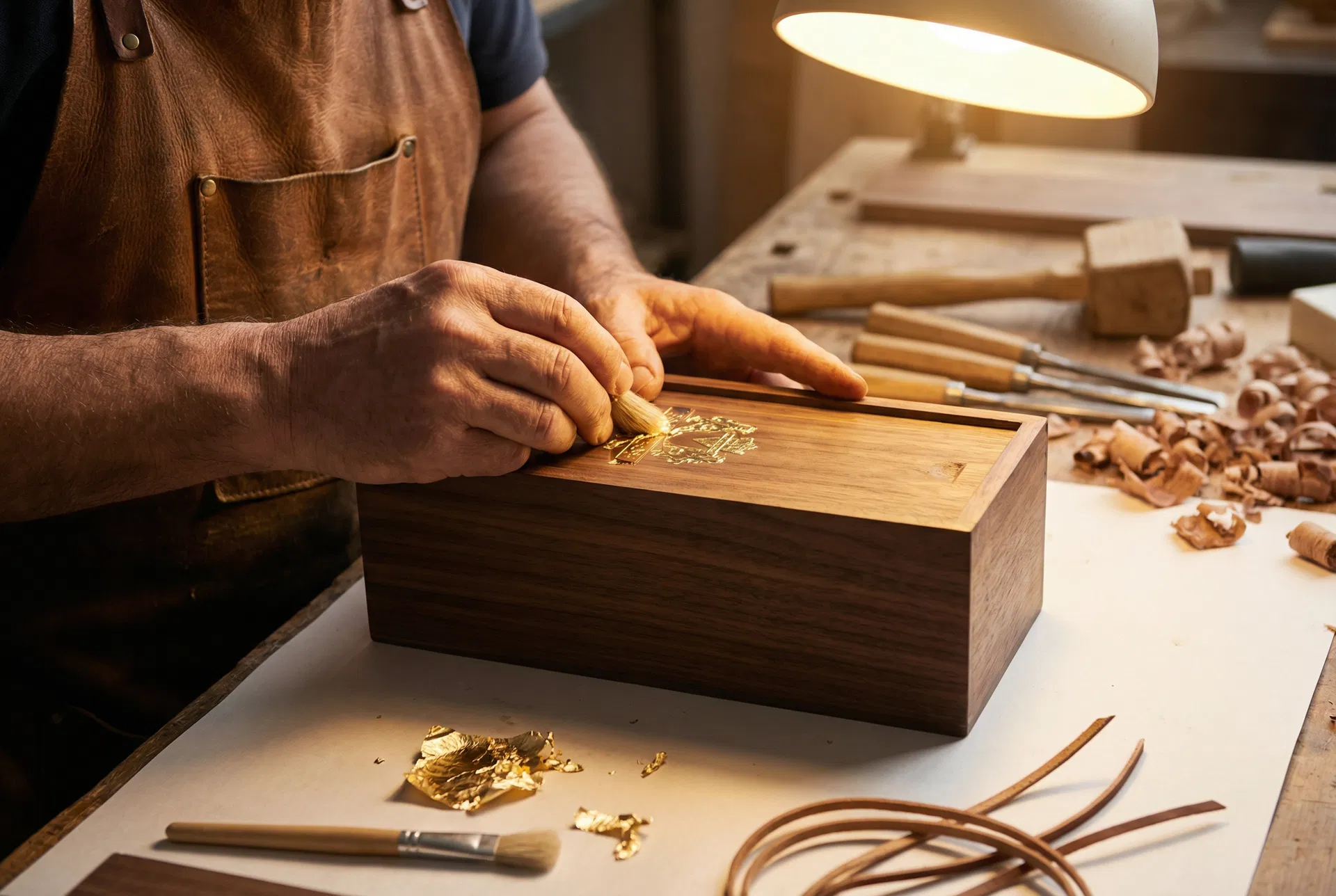 Craftsman applying gold leaf to a wine box