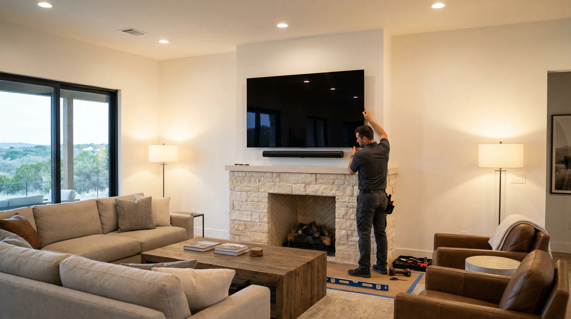 Professional TV installation over fireplace in San Antonio Texas luxury home by KZ Audio and Video