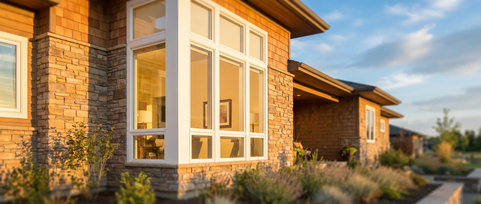 Modern home with energy-efficient replacement windows at golden hour