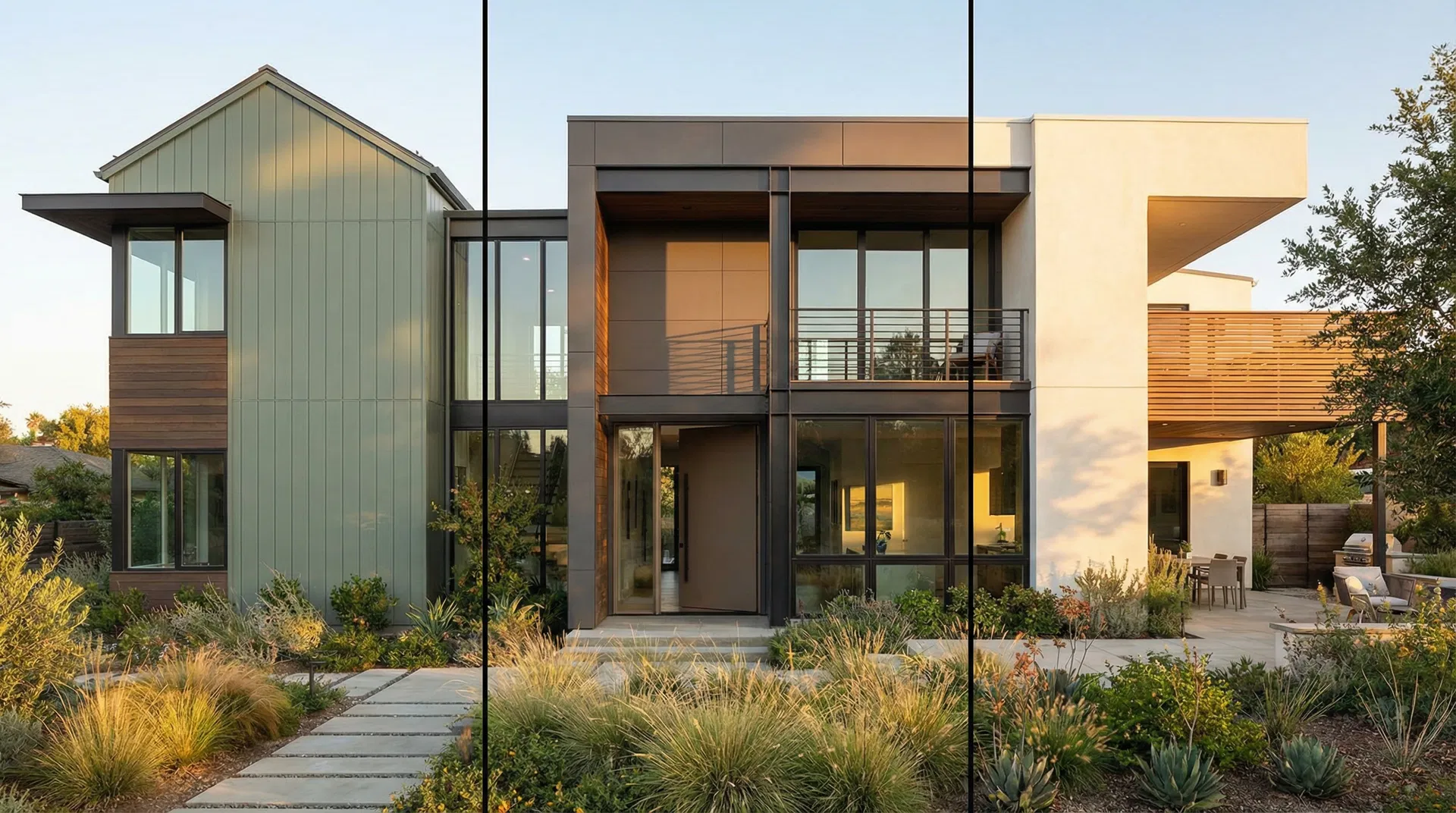Modern home exterior showing three trendy 2026 siding colors: sage green, warm charcoal, and creamy white with contemporary landscaping