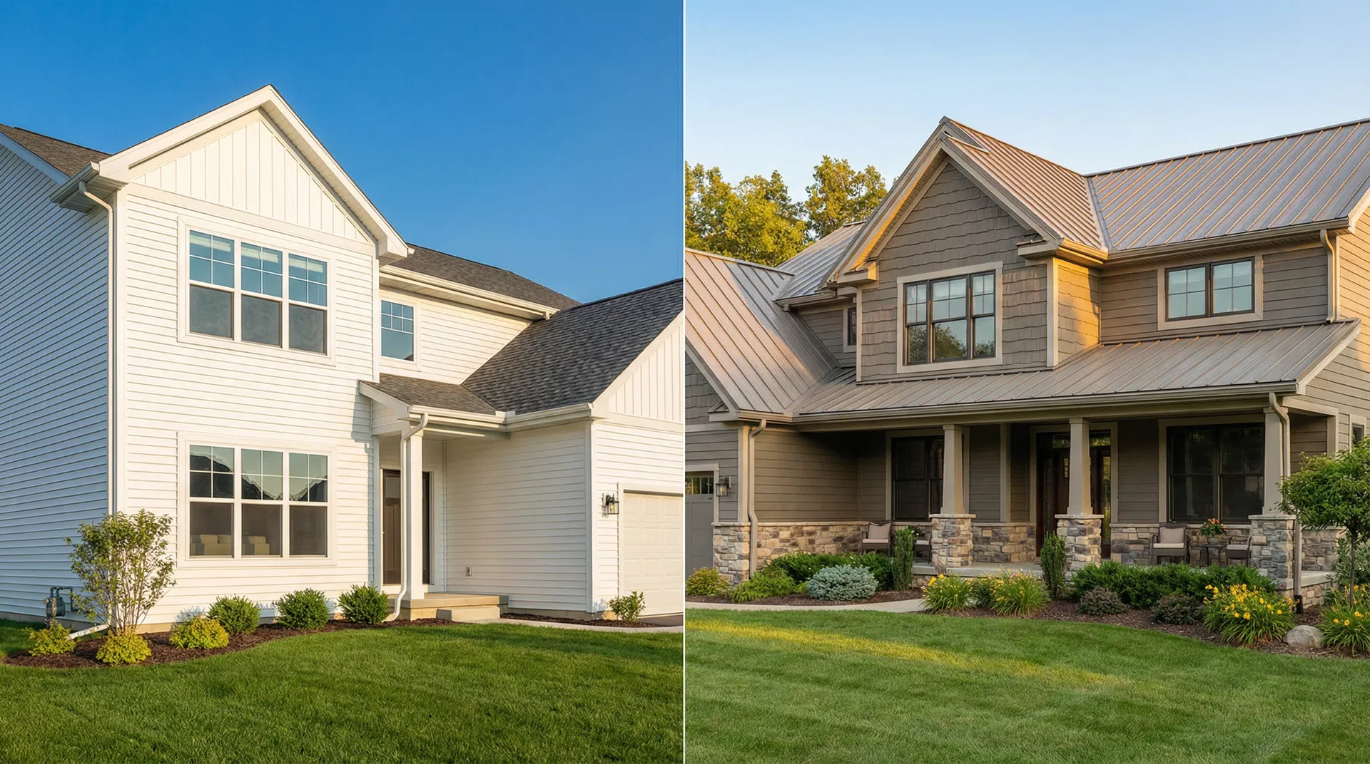 Side-by-side comparison of a home with white vinyl siding and a home with gray fiber cement siding