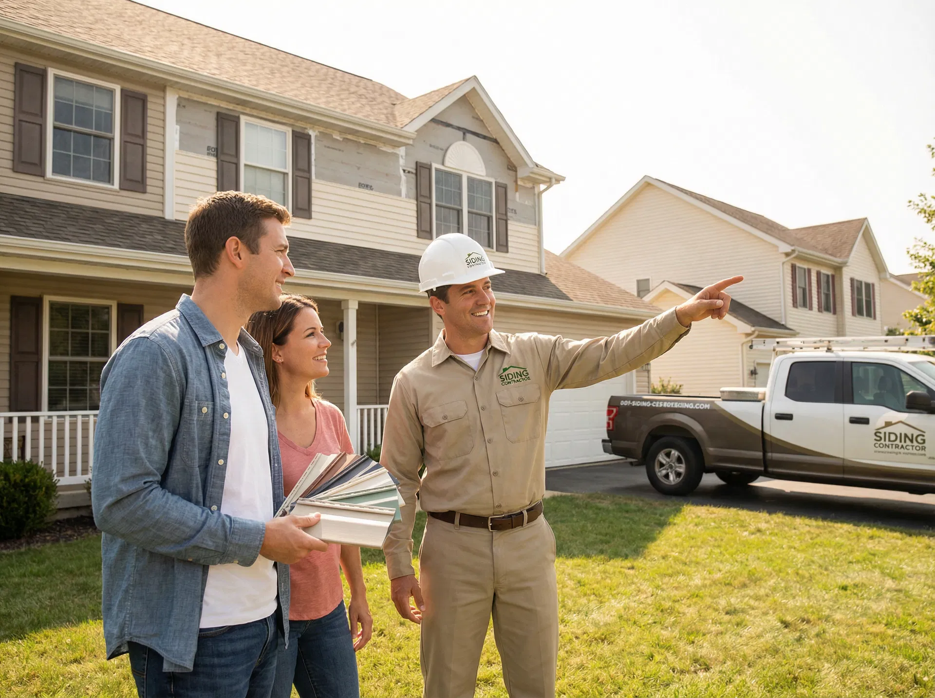 Siding contractor consulting with homeowners about installation options