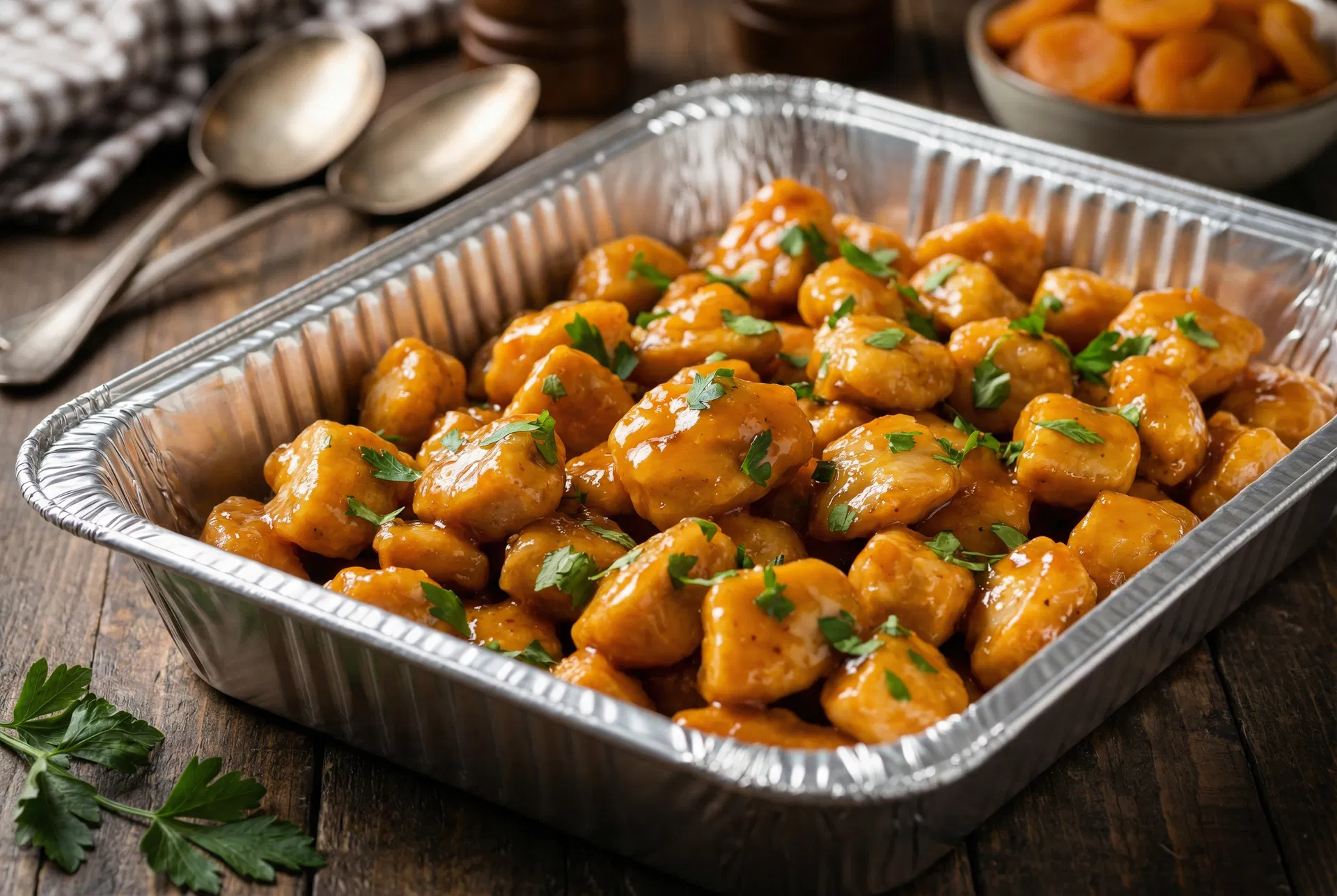 Retro Apricot Chicken in catering foil tray