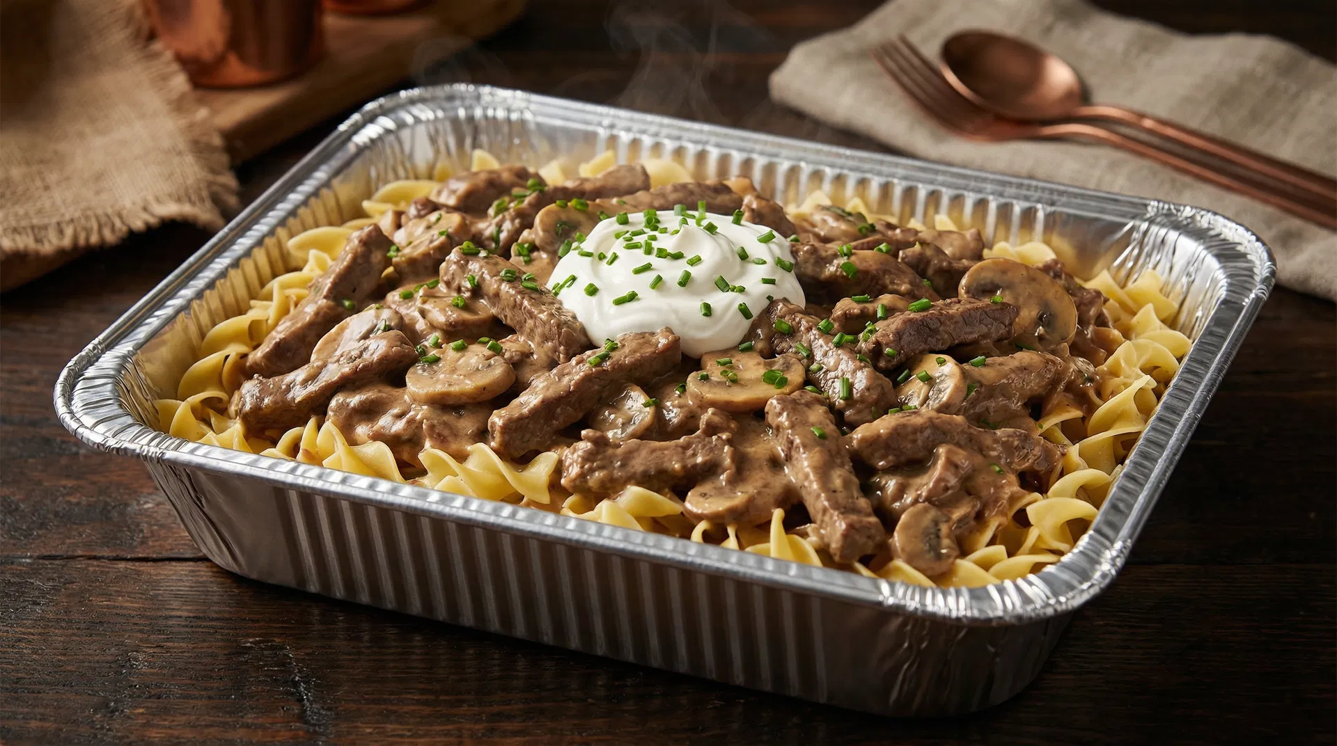 Classic Beef Stroganoff in catering foil tray