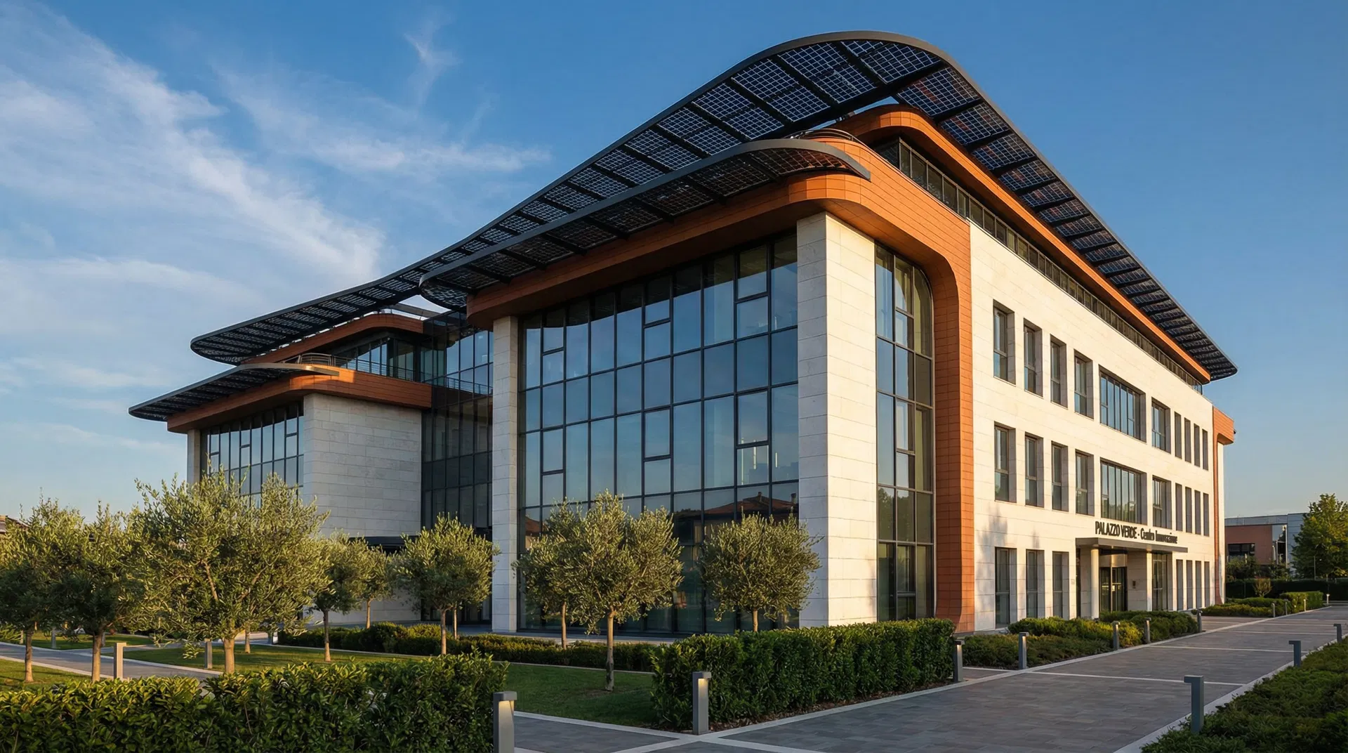 Edificio moderno con pannelli solari integrati