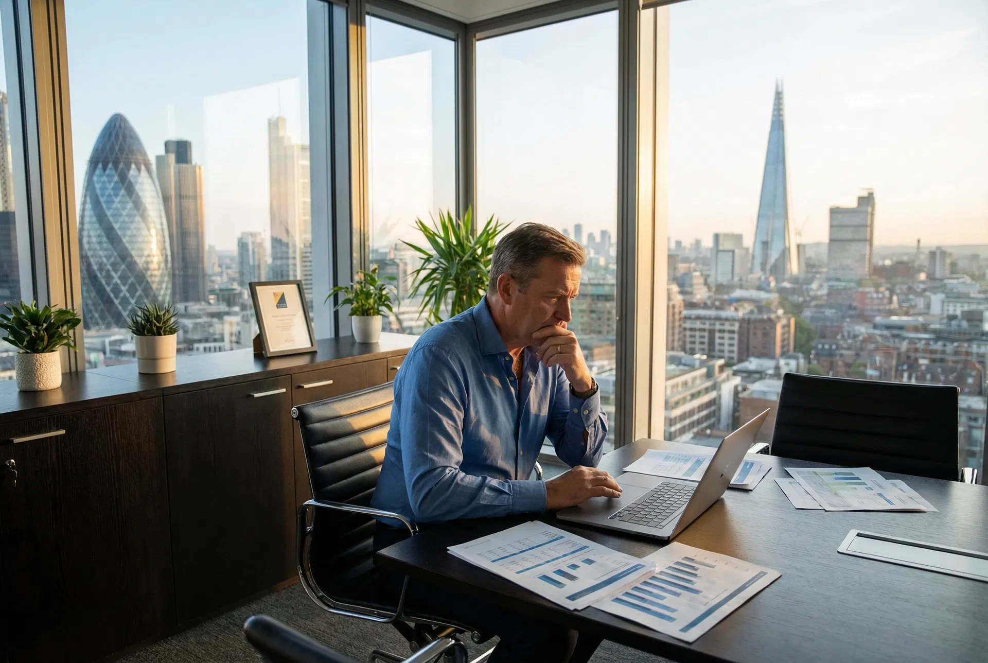 Owner-managed business director reviewing financial reports