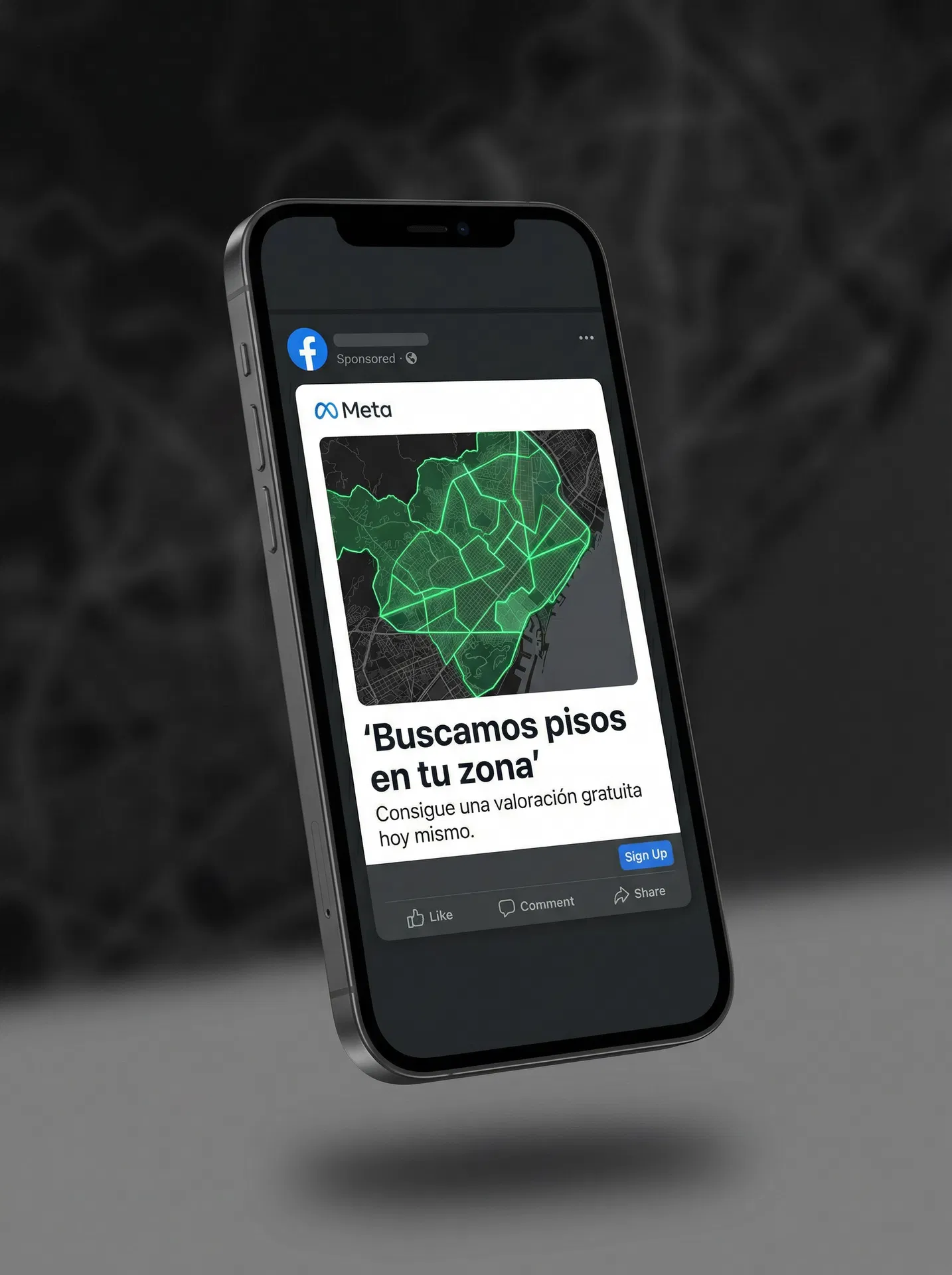 Mockup de anuncio en Meta Ads con mapa de zona